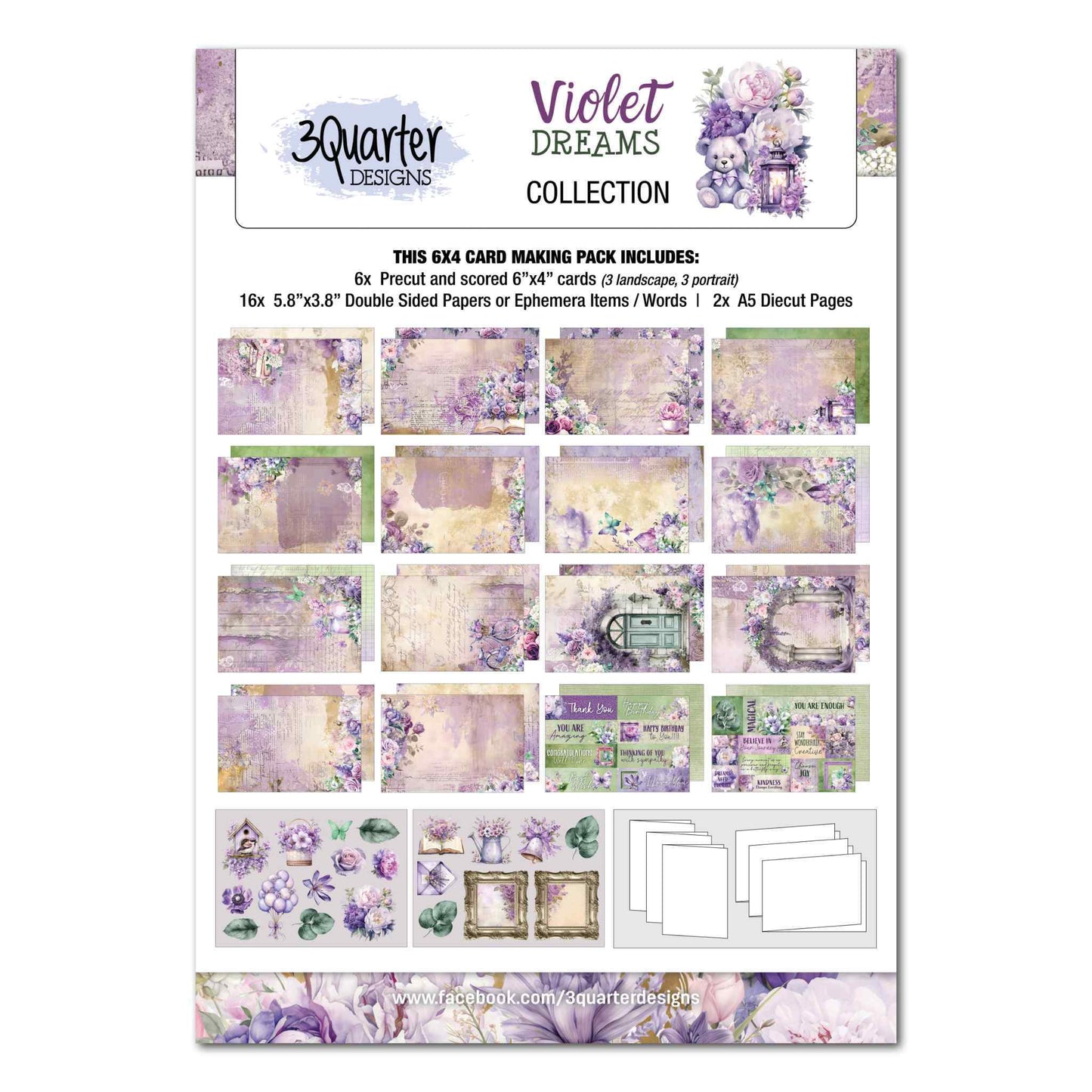 Violet Dreams 6x4 Card Making Kit by 3Quarter Designs — cover showing kit contents including scored card bases, double-sided papers, ephemera and die-cut pages in purple, cream and green