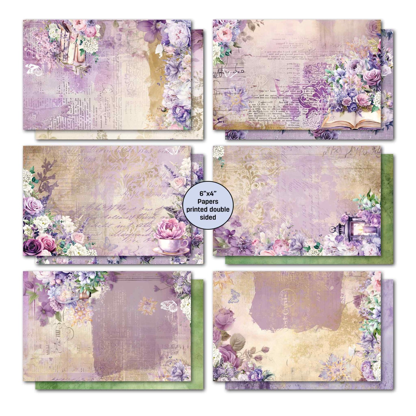 Violet Dreams 6x4 double-sided papers set 1 — stacked books, open book with script, purple roses with teacup, lantern with wisteria and soft watercolour backgrounds by 3Quarter Designs