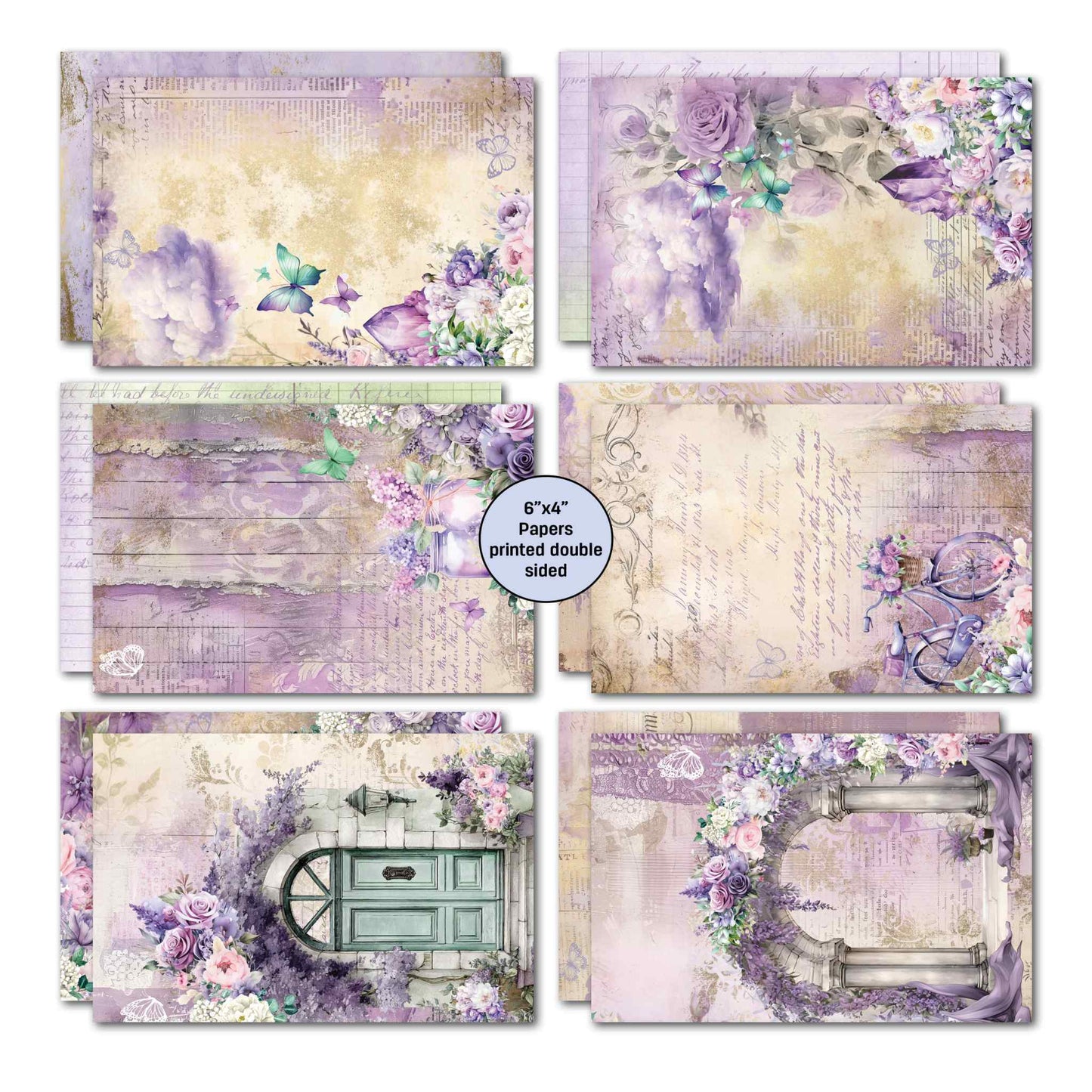 Violet Dreams 6x4 double-sided papers set 2 — butterfly watercolour washes, teal door with roses, ornate gate with floral wreath, vintage bicycle and handwritten script backgrounds by 3Quarter Designs