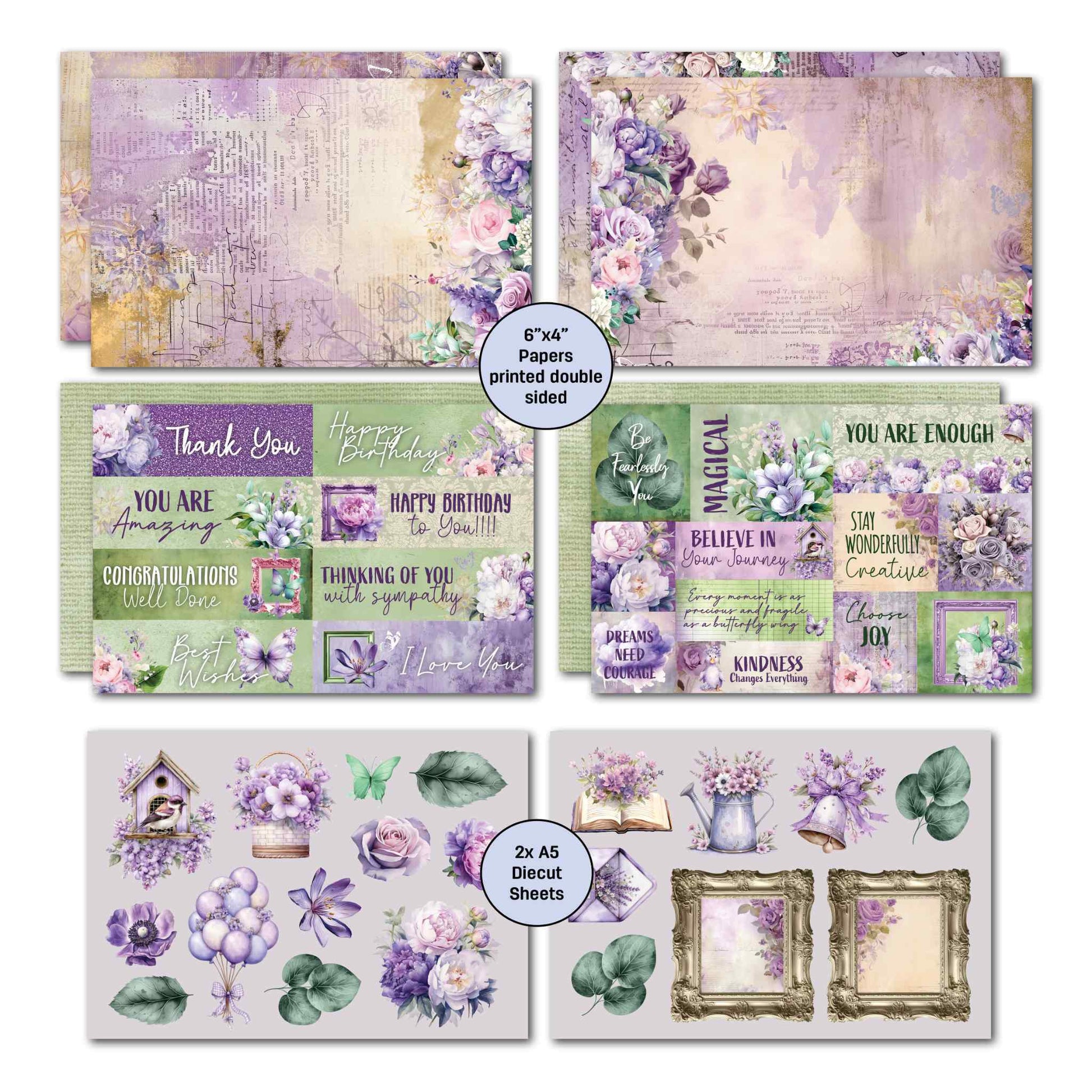 Violet Dreams word sentiment sheets and A5 die-cut pages — occasion sentiments, purple florals, birdhouse, gold frames, watering can and eucalyptus elements