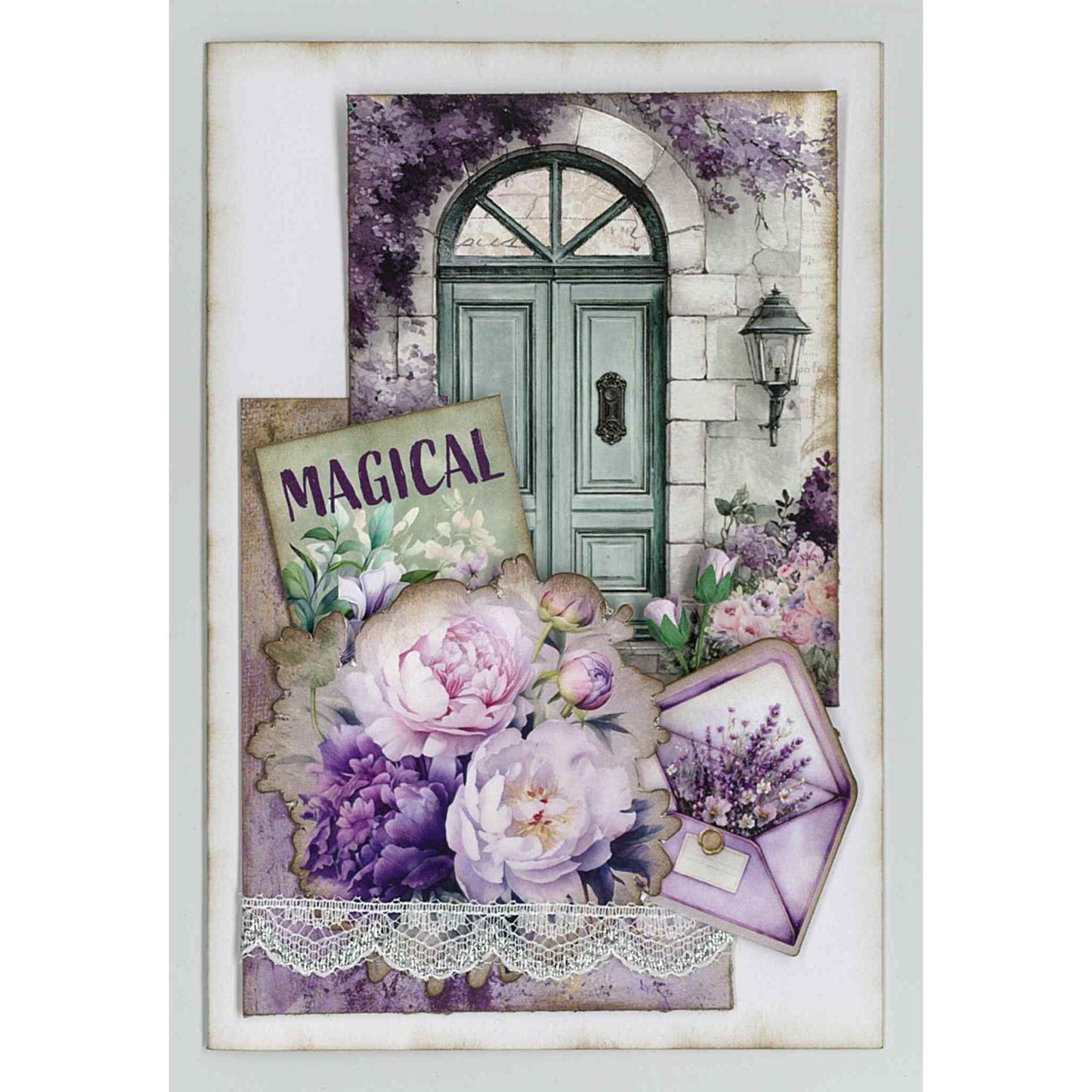 Violet Dreams handmade card sample — portrait card featuring teal arched door draped in wisteria, layered with pink and purple peonies, a "Magical" sentiment tag and a lavender envelope die-cut