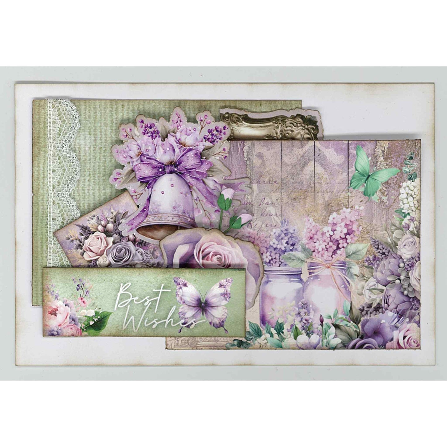 Violet Dreams handmade card sample — landscape card featuring a purple bell with ribbon bow, "Best Wishes" butterfly sentiment strip, ornate gold frame, and a mason jar filled with purple hydrangeas and roses on a sage green background