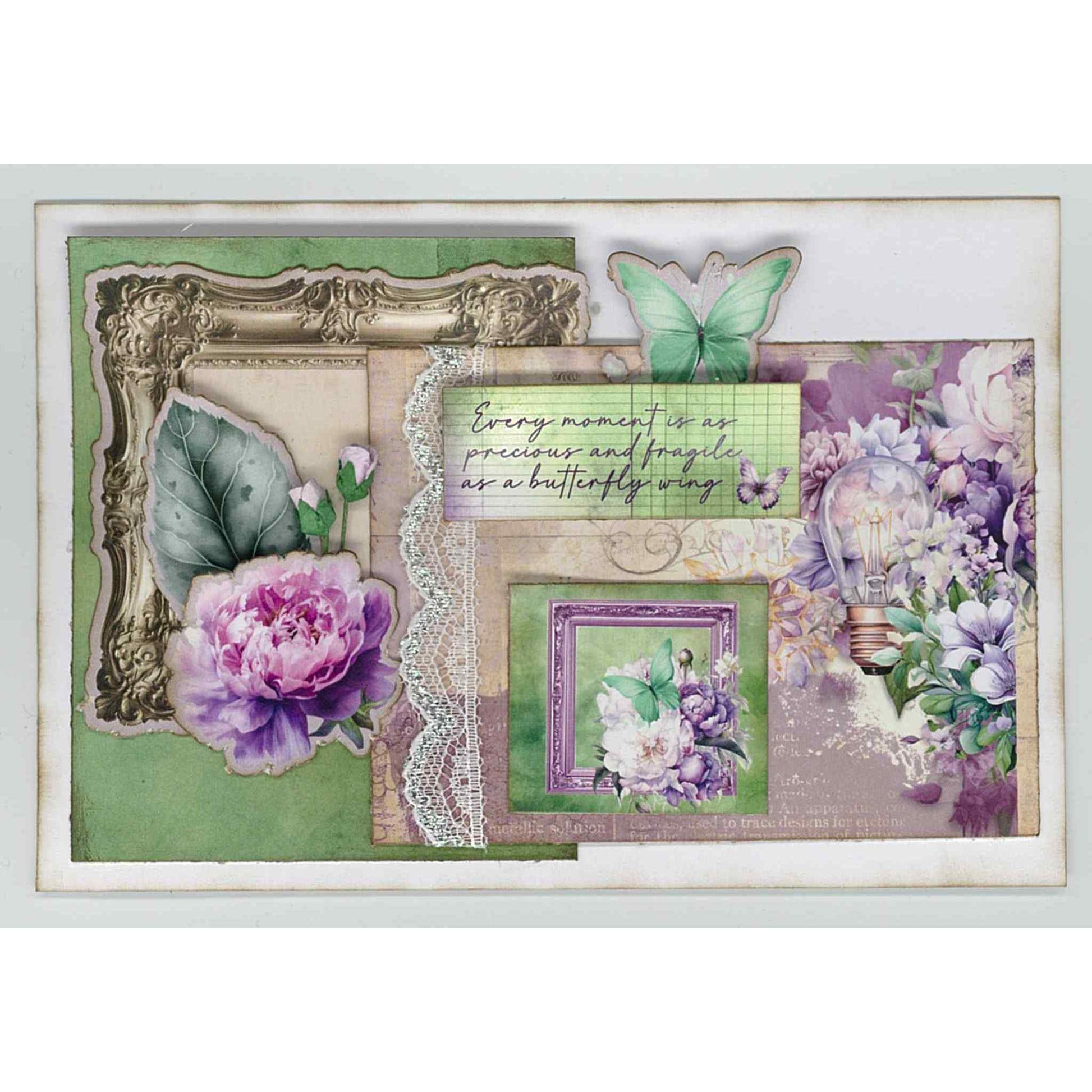 Violet Dreams handmade card sample — landscape card featuring an ornate gold frame with purple peony, teal butterfly die-cut, "Every moment is as precious and fragile as a butterfly wing" sentiment, and a purple framed butterfly and floral inset