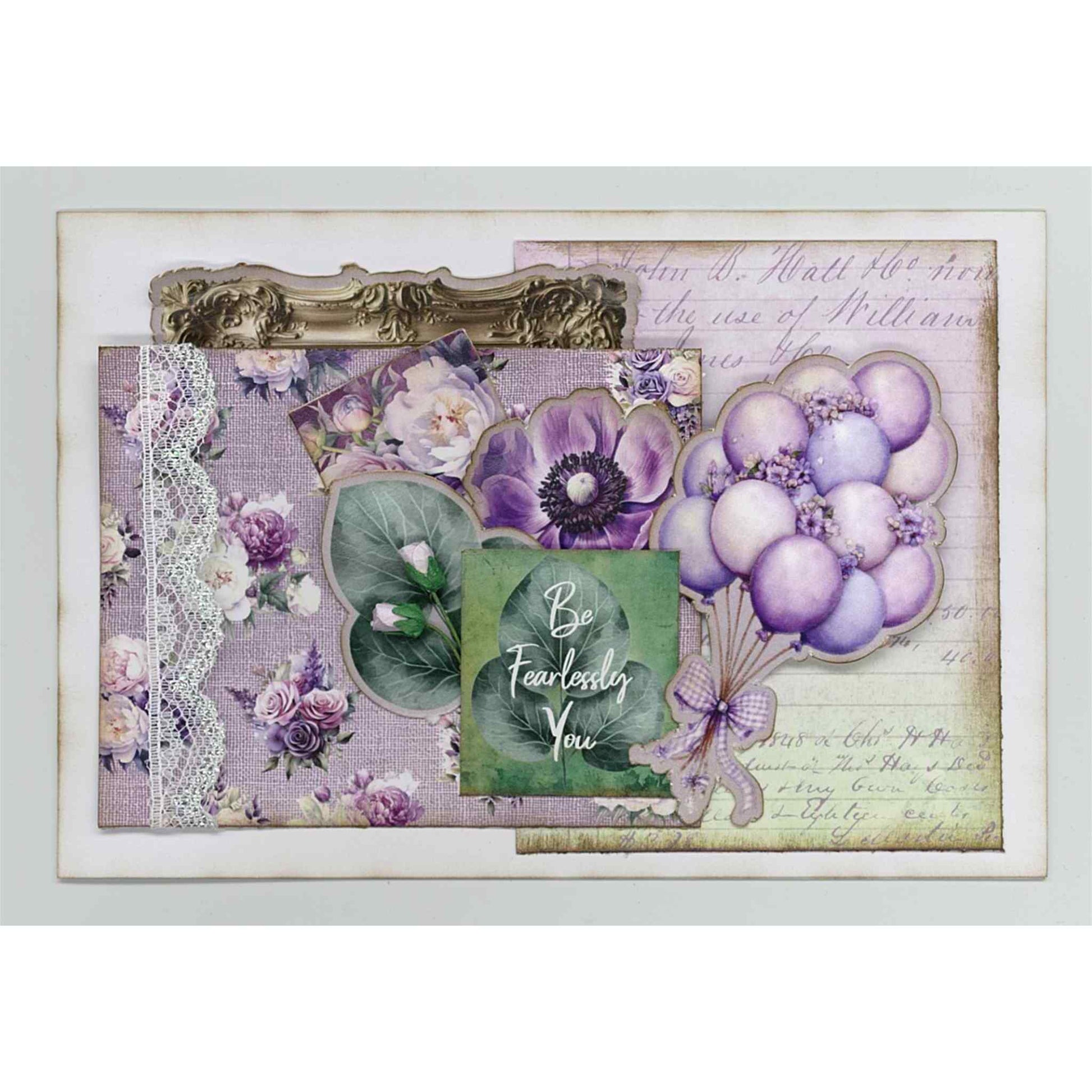 Violet Dreams handmade card sample — landscape card featuring purple anemone and balloon bunch die-cuts, "Be Fearlessly You" sentiment on a leaf background, purple floral fabric paper with lace trim and vintage handwritten script