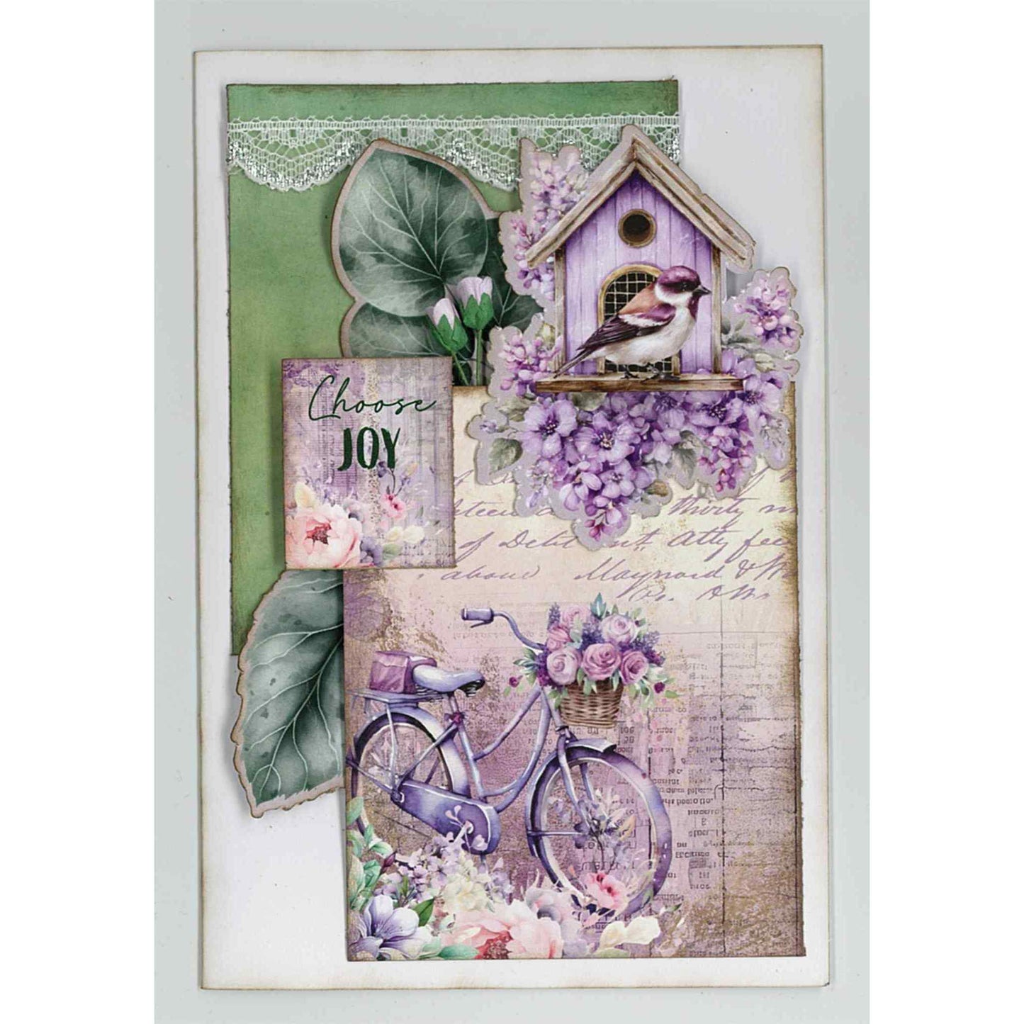 Violet Dreams handmade card sample — portrait card featuring purple birdhouse with sparrow, large eucalyptus leaf die-cuts, "Choose Joy" sentiment, vintage bicycle with flower basket, and purple lilac clusters on a script background