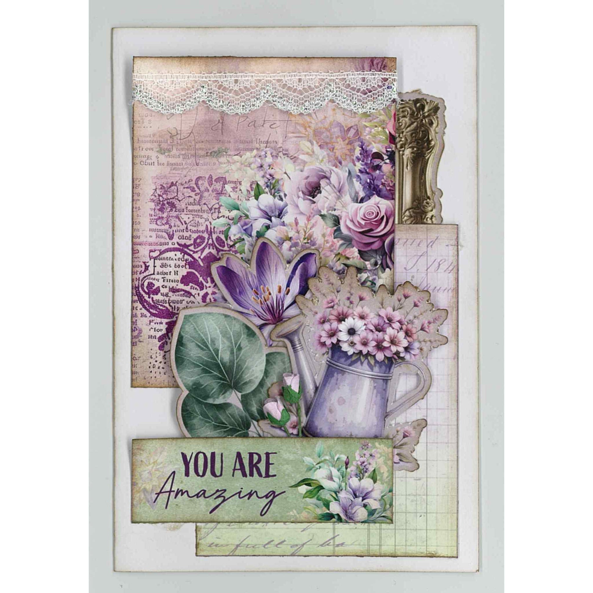 Violet Dreams handmade card sample — portrait card featuring watering can overflowing with purple crocus, roses and daisies, large eucalyptus leaf, ornate gold frame, "You Are Amazing" sentiment strip, and layered vintage script and grid papers