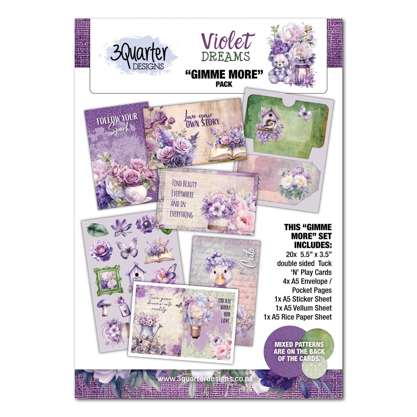 Violet Dreams Gimme More Pack by 3Quarter Designs — cover showing Tuck 'N' Play cards, sticker sheet, envelope pocket pages, vellum and rice paper sheet in violet, lavender, cream and sage green