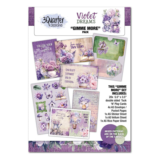 Violet Dreams Gimme More Pack by 3Quarter Designs — cover showing Tuck 'N' Play cards, sticker sheet, envelope pocket pages, vellum and rice paper sheet in violet, lavender, cream and sage green