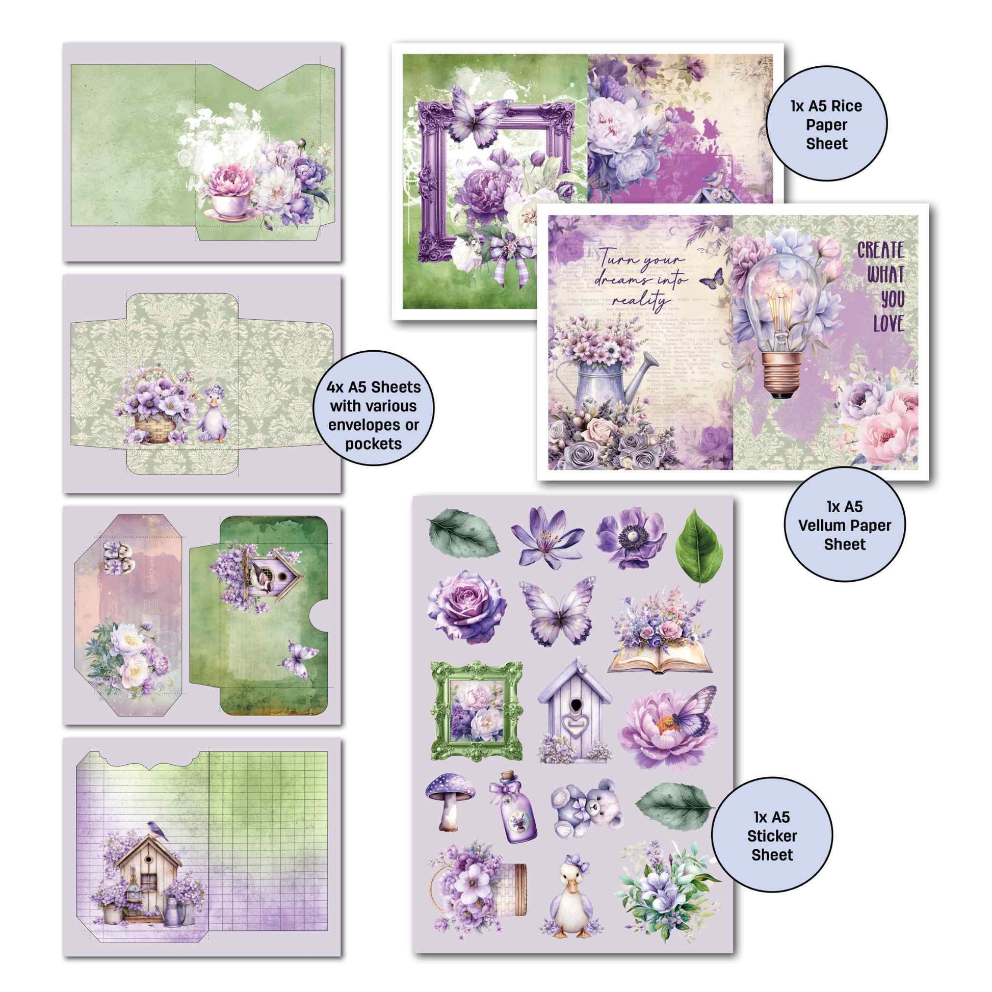 Violet Dreams Gimme More extras — 4x A5 envelope and pocket pages, A5 rice paper sheet with ornate frame, A5 vellum sheet with Turn Your Dreams into Reality sentiment, and A5 sticker sheet with roses, butterflies, birdhouse, frames and garden elements