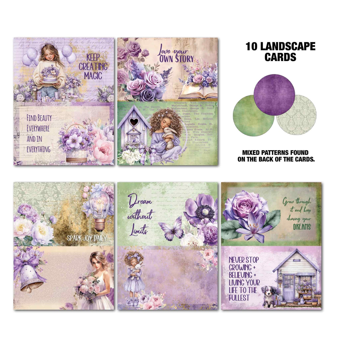 Violet Dreams Gimme More 10 landscape Tuck 'N' Play Cards — Keep Creating Magic, Love Your Own Story, Find Beauty Everywhere, girl with bunny at birdhouse, Spark Joy Daily, Dream without Limits, Grow Through It, Never Stop Growing, and more