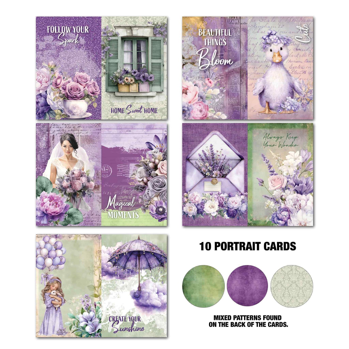Violet Dreams Gimme More 10 portrait Tuck 'N' Play Cards — Follow Your Spark, Home Sweet Home, Beautiful Things Bloom, bride with bouquet, Magical Moments, envelope with lavender, Always Keep Your Wonder, Create Your Sunshine, and more