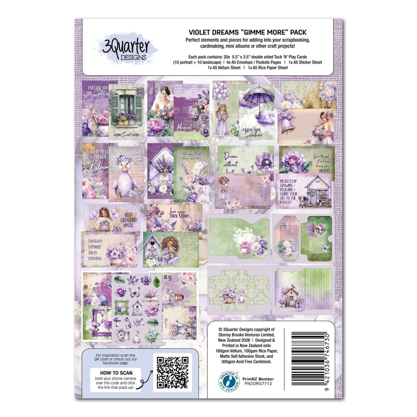 Violet Dreams Gimme More Pack back cover showing all 20 Tuck 'N' Play Cards laid out with mixed pattern backs in violet, sage green and cream, plus envelope pocket pages and sticker sheet