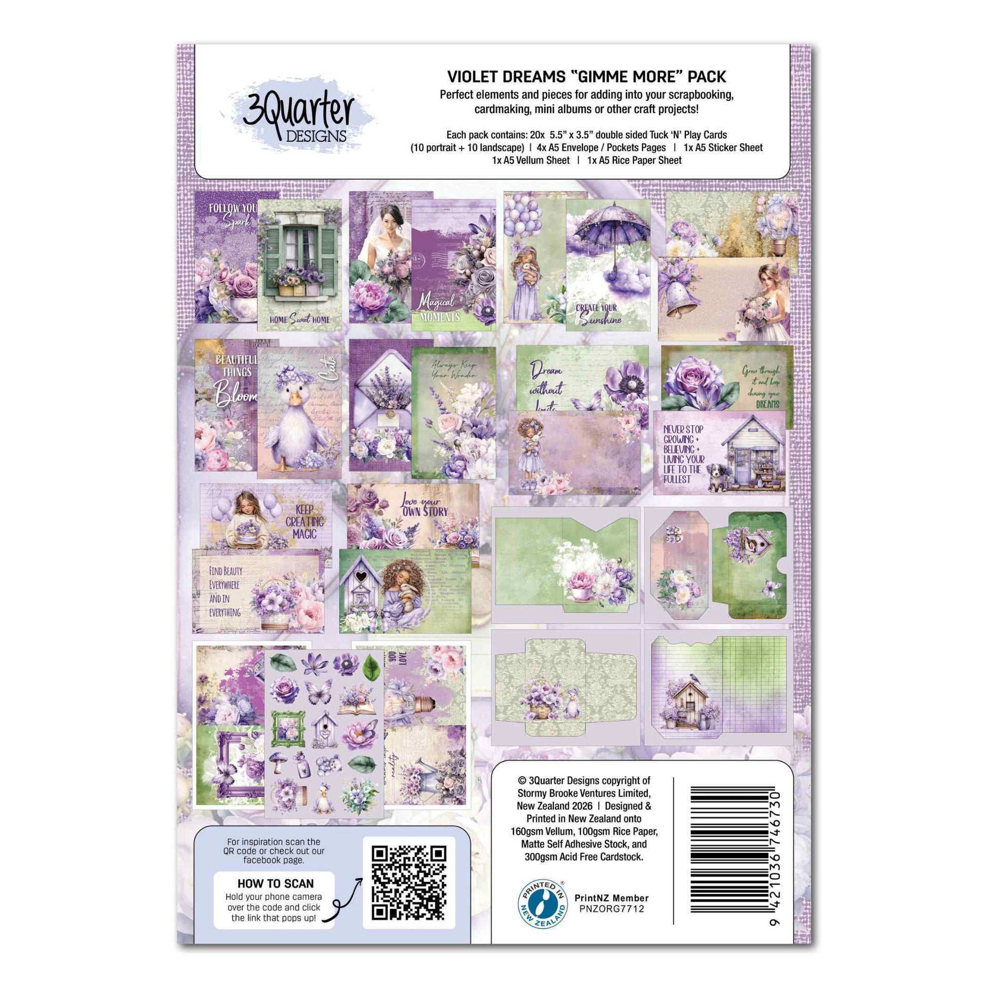 Violet Dreams Gimme More Pack back cover showing all 20 Tuck 'N' Play Cards laid out with mixed pattern backs in violet, sage green and cream, plus envelope pocket pages and sticker sheet