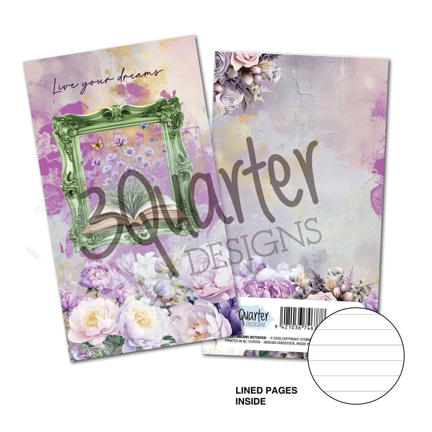 Violet Dreams Mini Notebook by 3Quarter Designs — front cover with Live your dreams script, ornate sage green baroque frame, butterflies, lavender and peonies in violet and cream; back cover with soft lavender wash and floral corner detail; lined pages inset shown