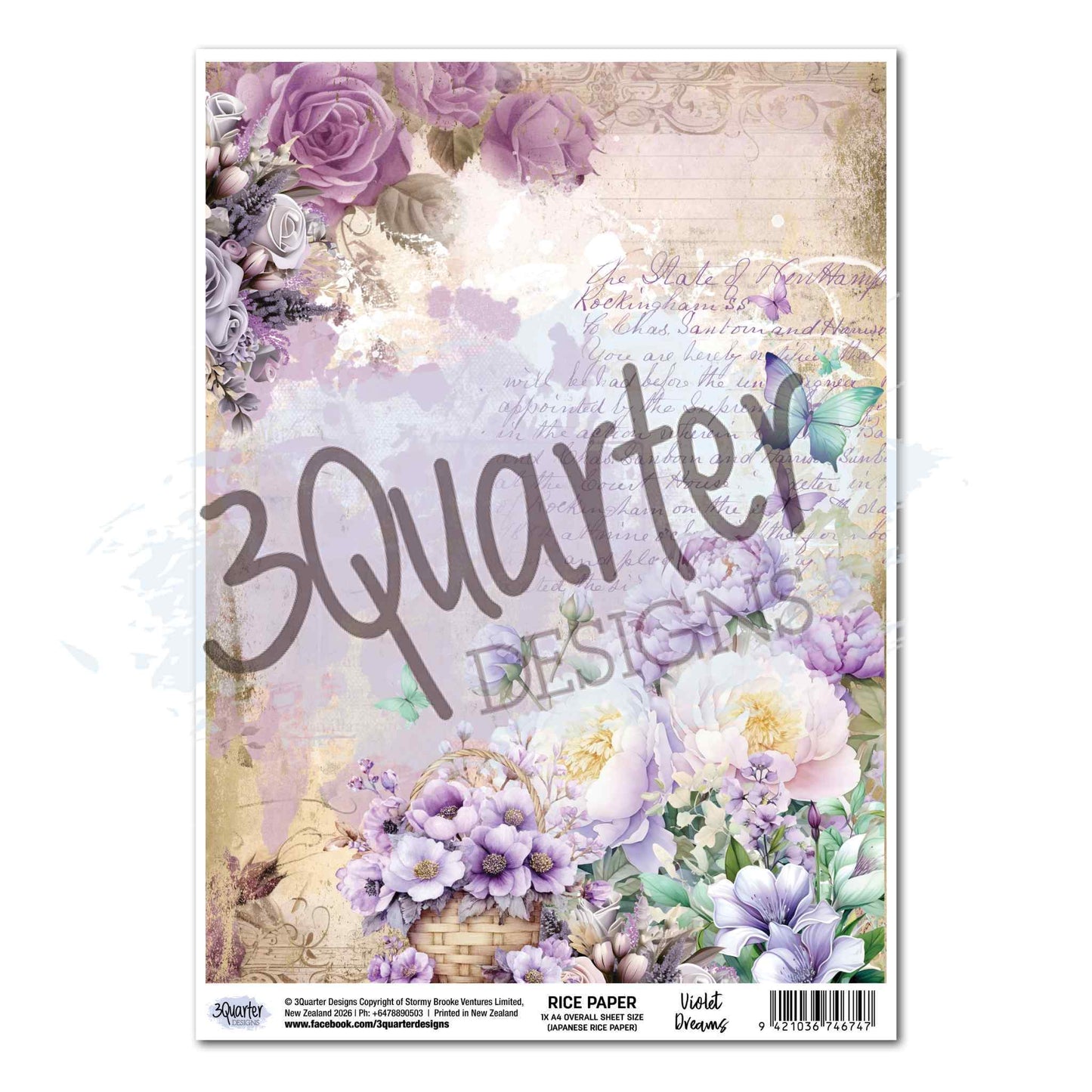 Violet Dreams A4 Japanese Rice Paper Sheet by 3Quarter Designs — full-bleed floral design with cascading roses and anemones, wicker basket of peonies, white lilies, teal butterfly and soft handwritten script background in violet, lavender and cream