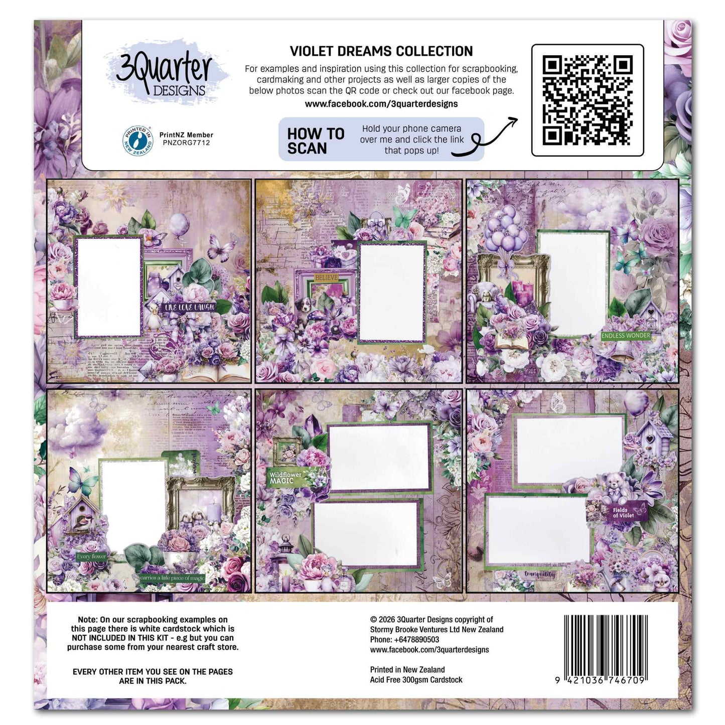 Violet Dreams Collection back cover showing six ready-to-use scrapbook page designs with floral purple and green backgrounds and photo mat frames