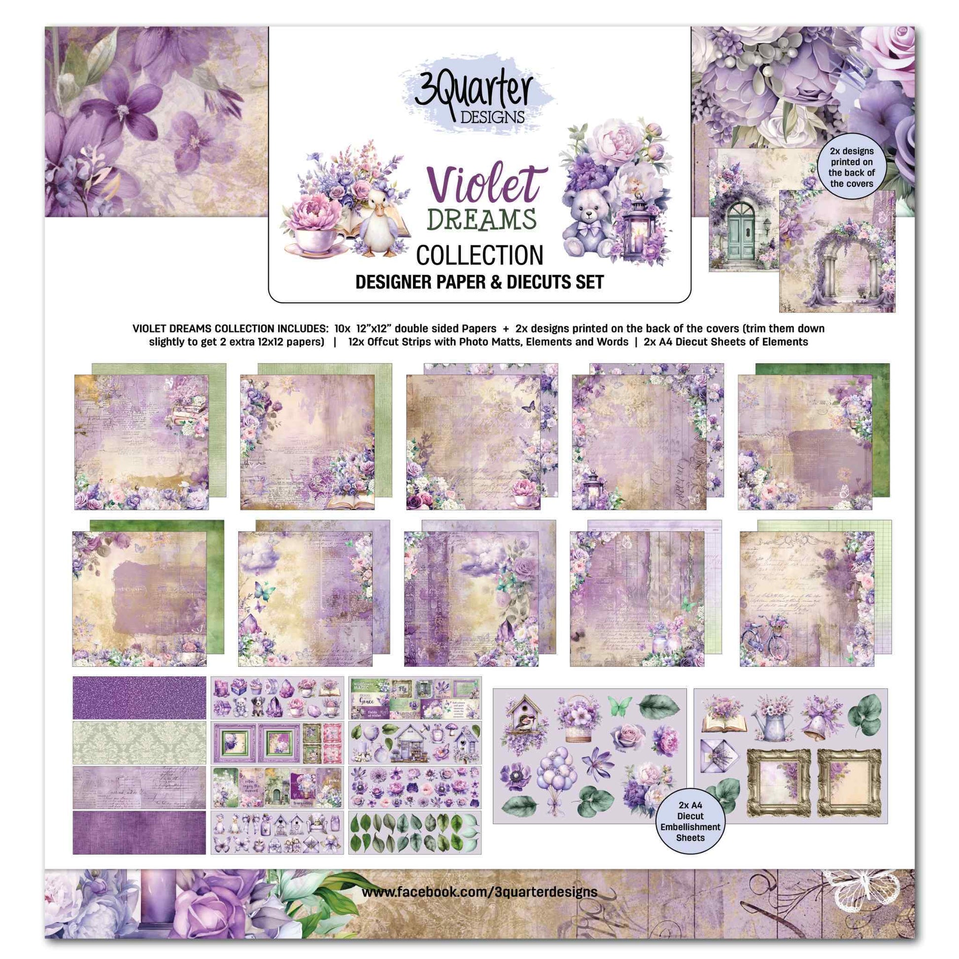 Violet Dreams Designer Paper and Diecuts Set by 3Quarter Designs — cover showing full kit contents including 12x12 papers, offcut strips and die-cut embellishment sheets in purple, cream and green