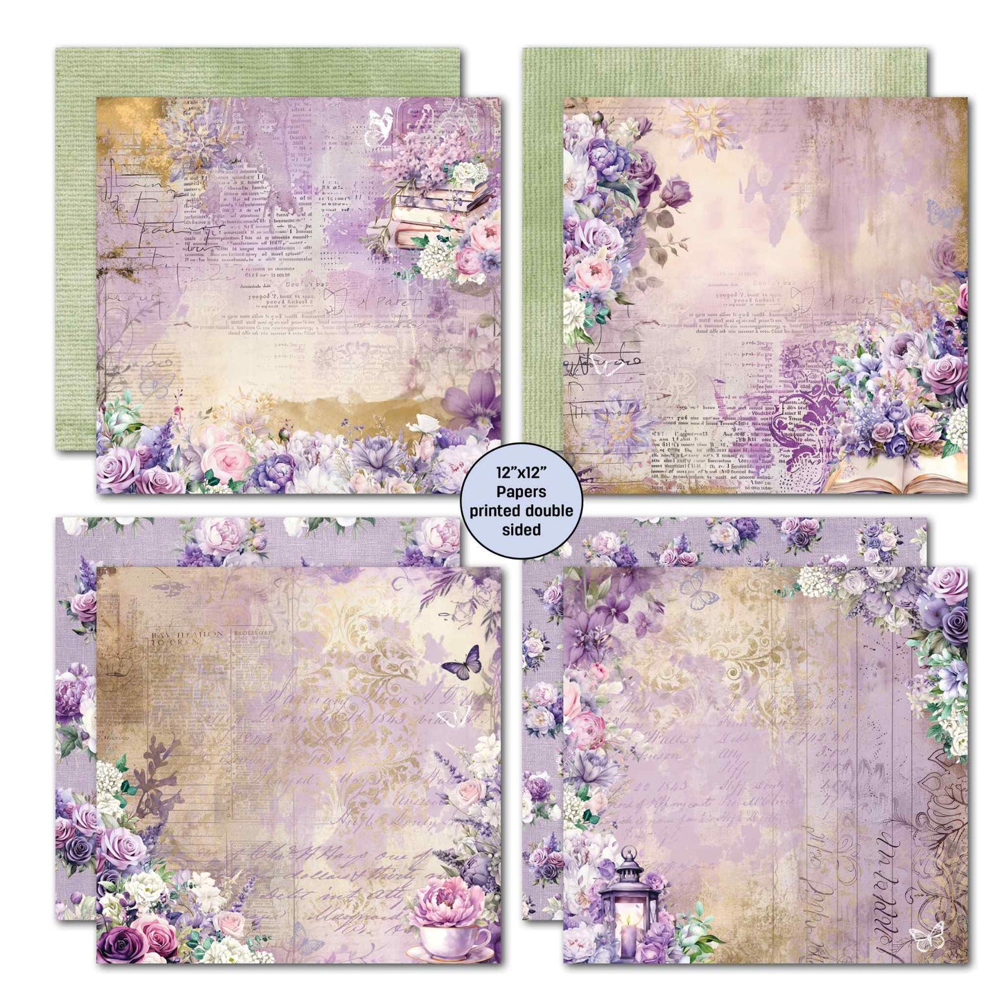 Violet Dreams 12x12 scrapbook papers — delicate purple floral designs on cream and sage backgrounds