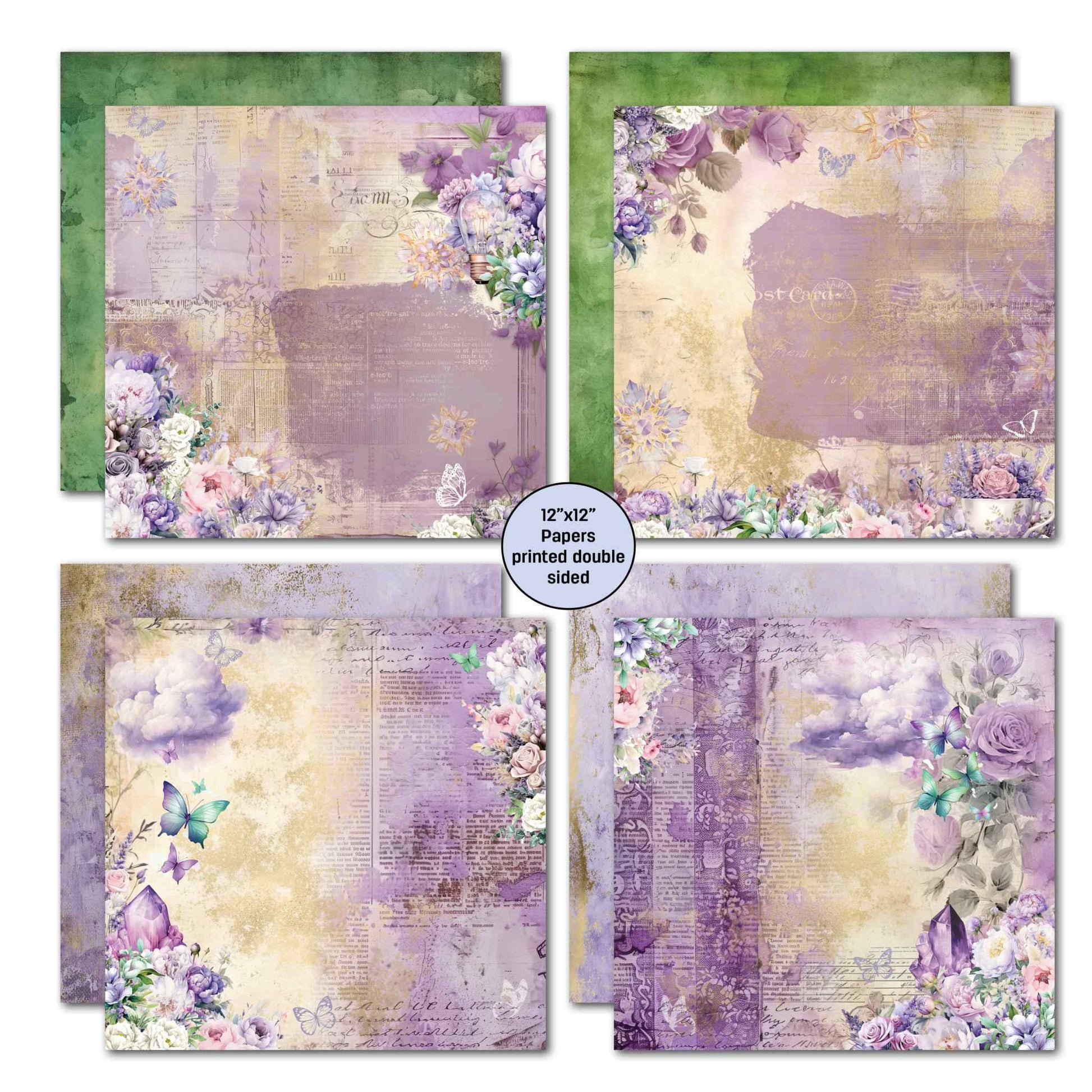 Violet Dreams 12x12 scrapbook papers — second set showing deeper purple tones with floral and butterfly details