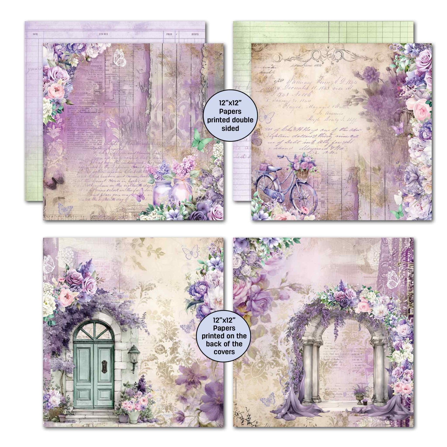 Violet Dreams 12x12 scrapbook papers — third set featuring soft lavender washes and garden-inspired designs