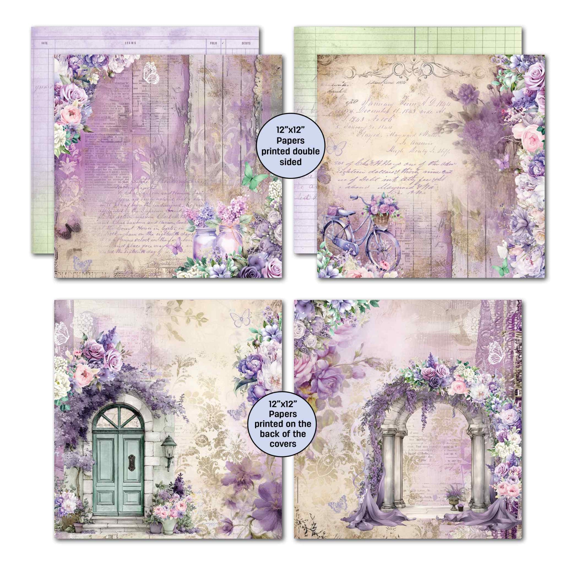 Violet Dreams 12x12 scrapbook papers — third set featuring soft lavender washes and garden-inspired designs