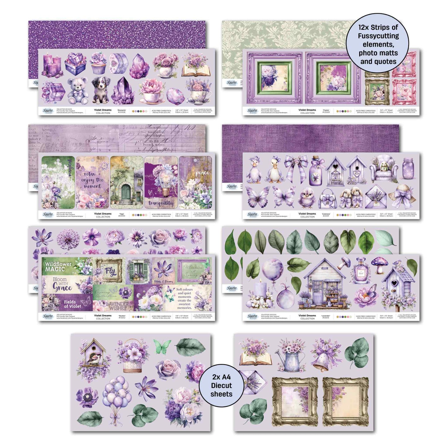 3Quarter Designs Violet Dreams offcut strips, photo mats, elements and words sheets with flowers, leaves, bird houses, frames, and more. 