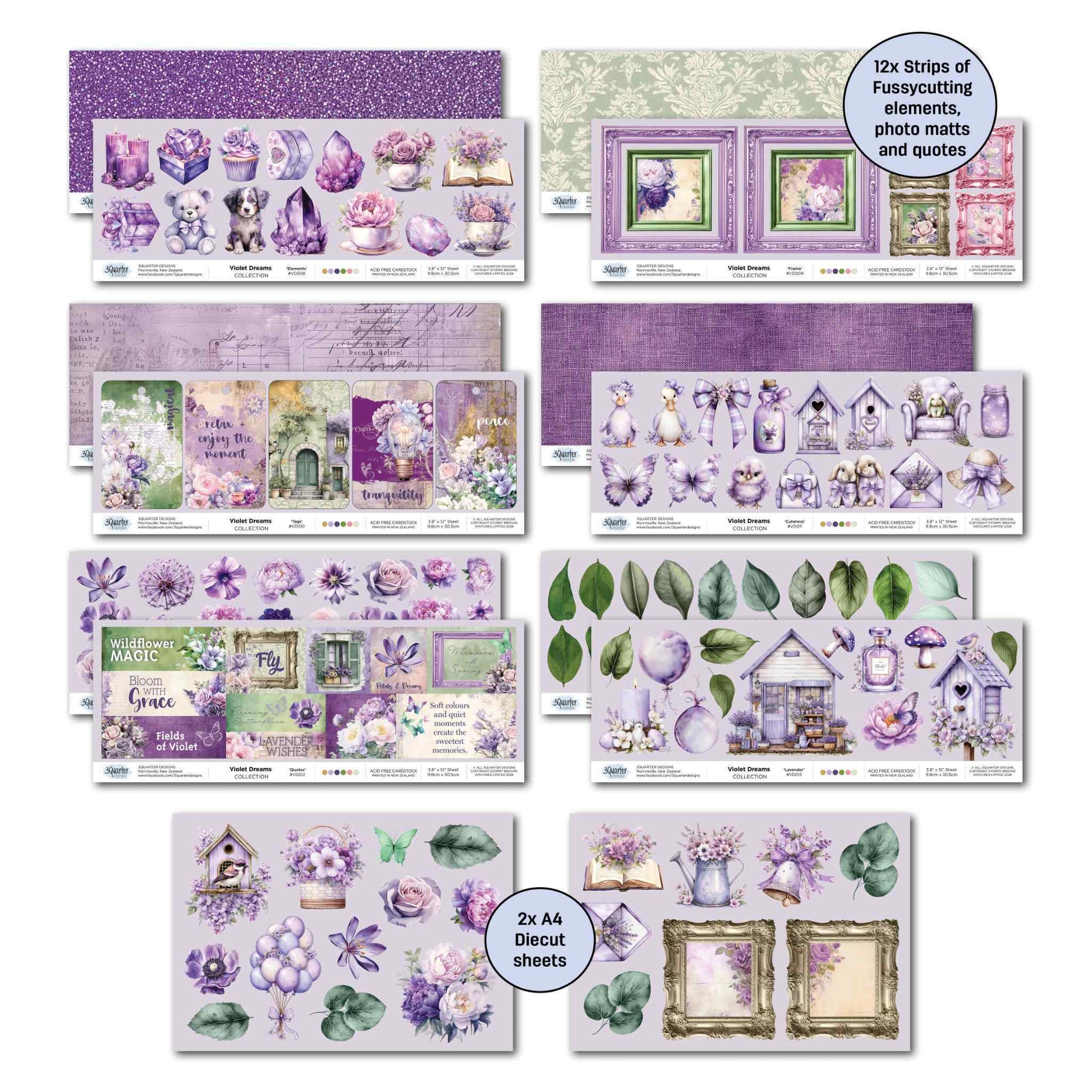 3Quarter Designs Violet Dreams offcut strips, photo mats, elements and words sheets with flowers, leaves, bird houses, frames, and more. 