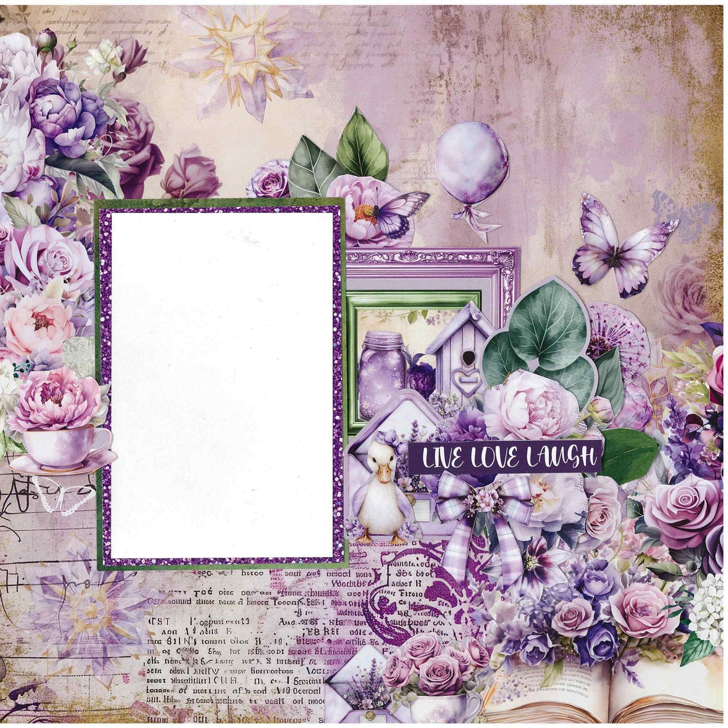 3Quarter Designs Violet Dreams scrapbook layout sample 1 — completed page using purple floral papers and Live, Love, Laugh sentiment. 