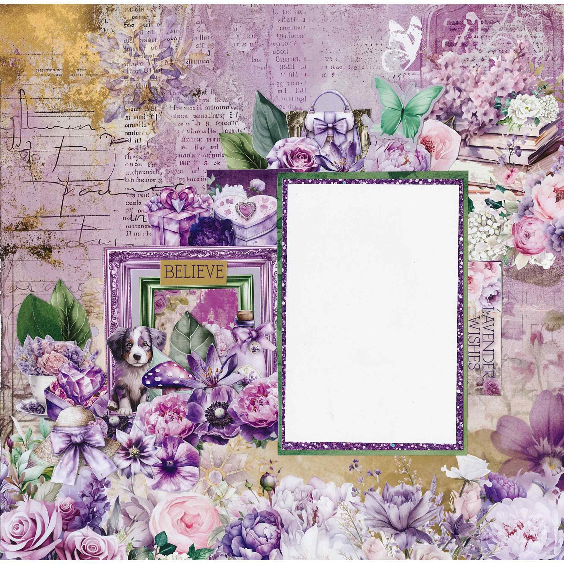 3Quarter Designs Violet Dreams scrapbook layout sample — completed page using purple floral papers and books, frames and Believe sentiment