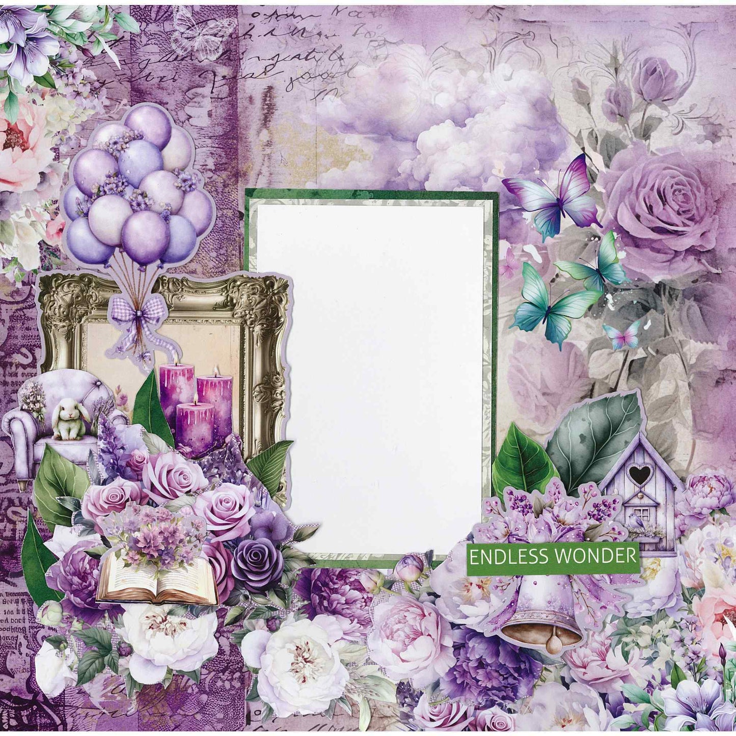 3Quarter Designs Violet Dreams scrapbook layout sample — completed page using purple floral papers and balloons, candles with "Endless Wonder" sentiment. 