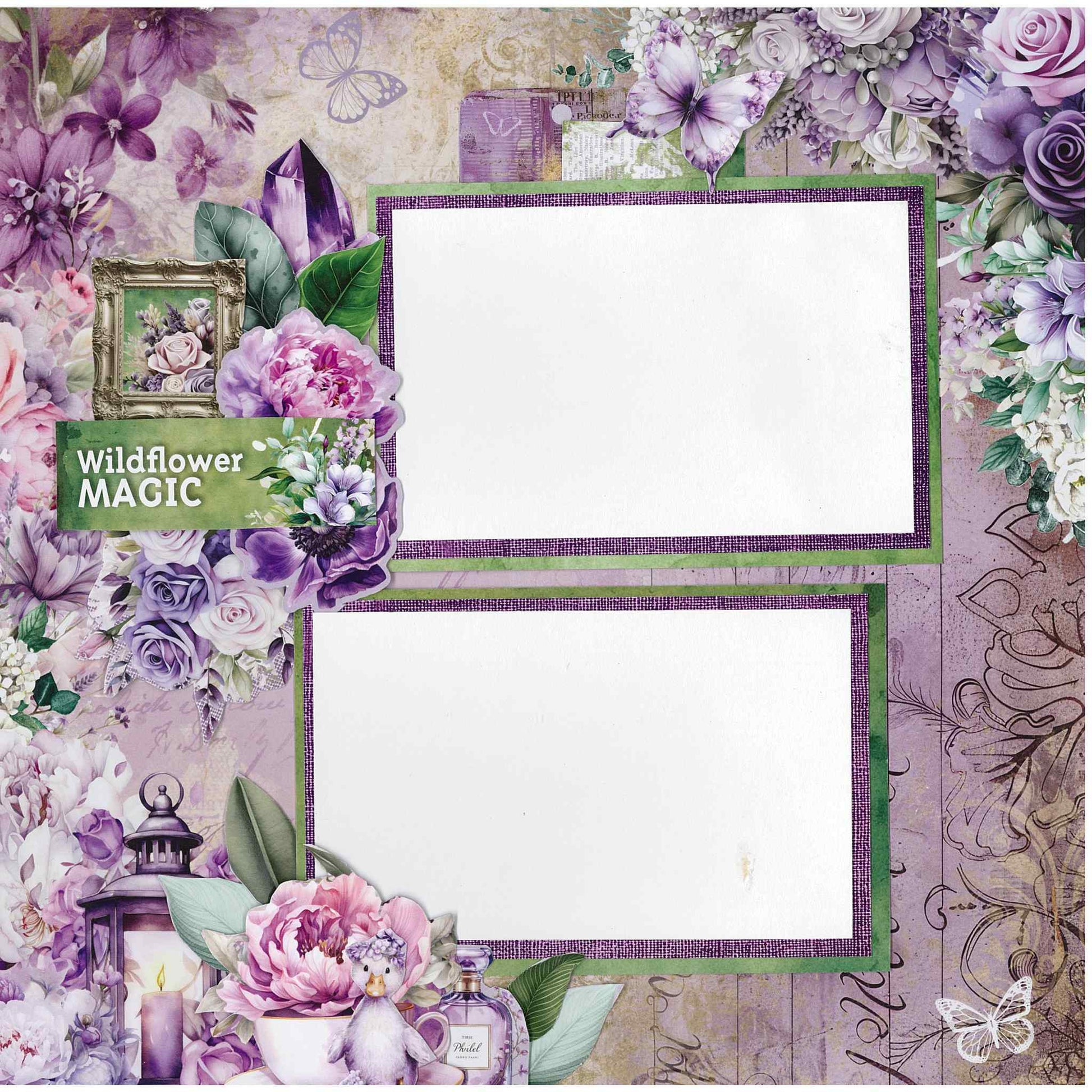 3Quarter Designs Violet Dreams scrapbook layout sample — completed page using purple floral papers and lantern, duck, perfume bottle and "Wildflower Magic" title