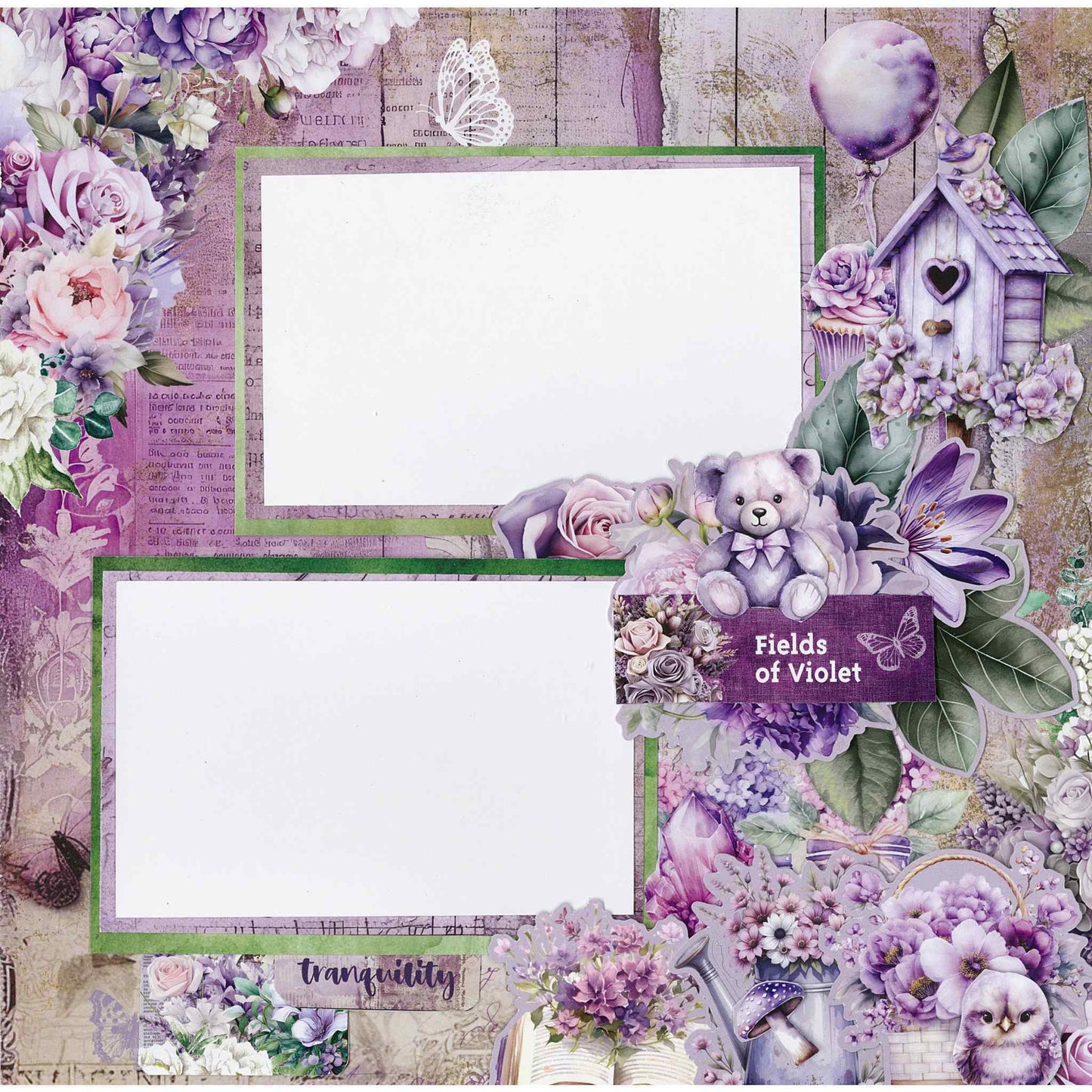 3Quarter Designs Violet Dreams scrapbook layout sample — completed page using purple floral papers with a teddy bear, bird house, cupcake, balloon and "Fields of Violet" sentiment. 