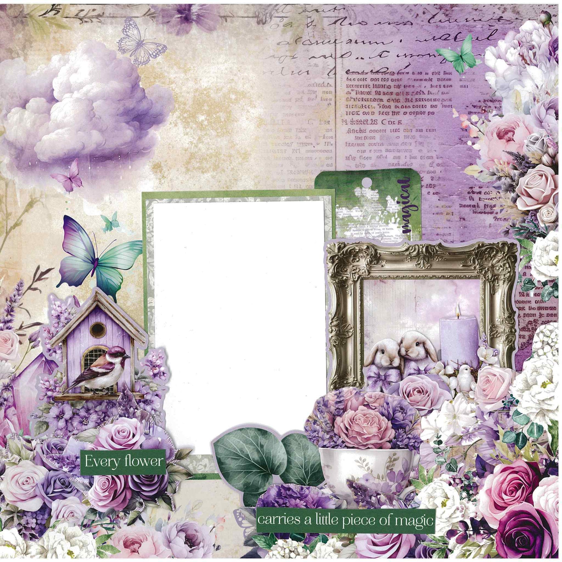 3Quarter Designs Violet Dreams scrapbook layout sample — completed page using purple floral papers with a birdhouse, teacup, bunnies, butterflies and "Every flower carries a little piece of magic" title. 