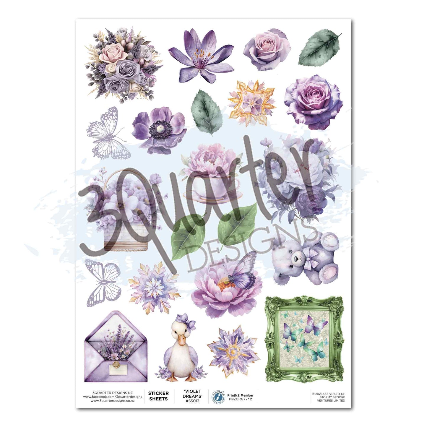 Violet Dreams A4 Sticker Sheet by 3Quarter Designs — matte self-adhesive sheet with floral bouquet, clematis, roses, anemone, peonies, outline butterflies, duck with bow, teddy bear, lavender envelope, cornflower, gold star bloom and ornate sage green baroque frame with butterflies