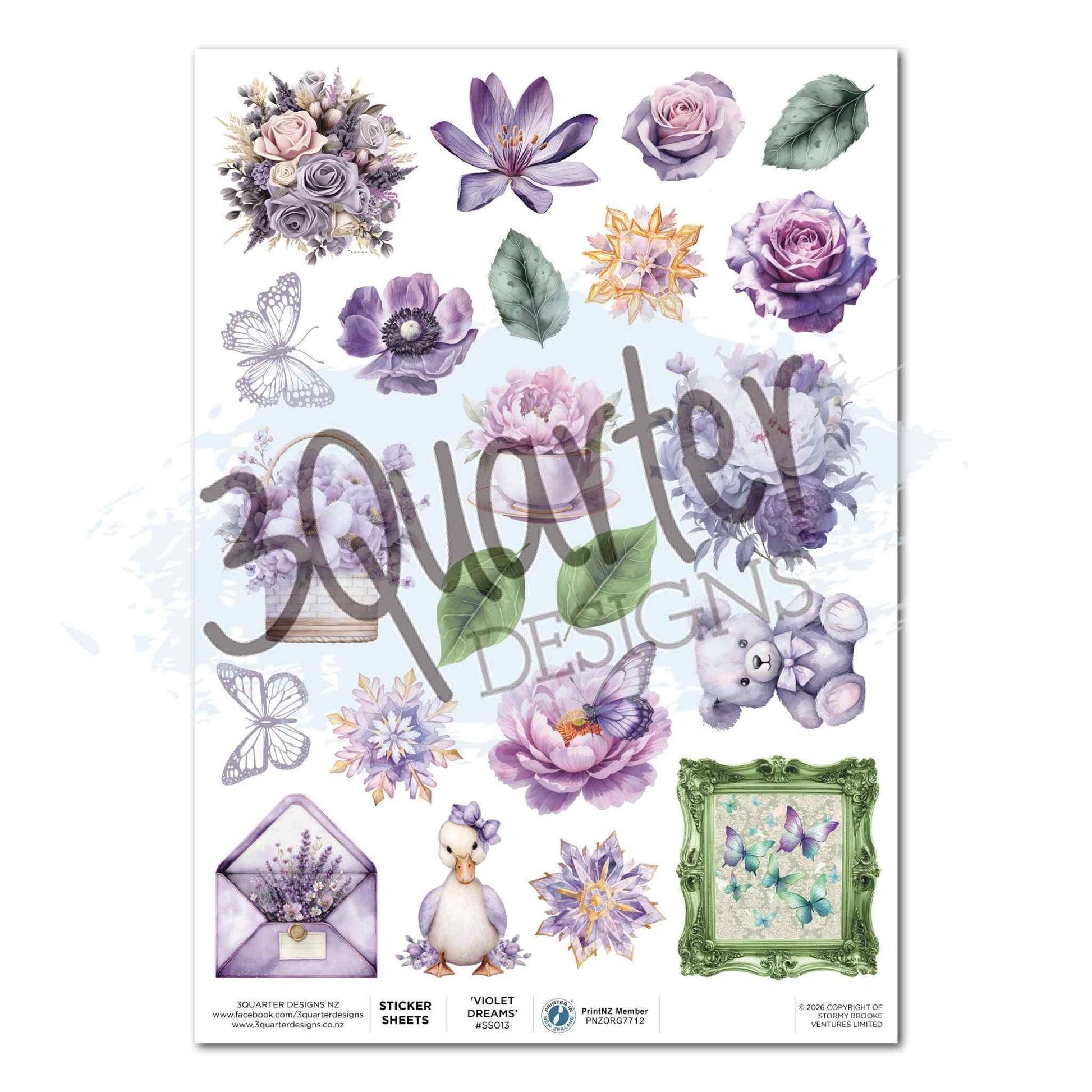 Violet Dreams A4 Sticker Sheet by 3Quarter Designs — matte self-adhesive sheet with floral bouquet, clematis, roses, anemone, peonies, outline butterflies, duck with bow, teddy bear, lavender envelope, cornflower, gold star bloom and ornate sage green baroque frame with butterflies