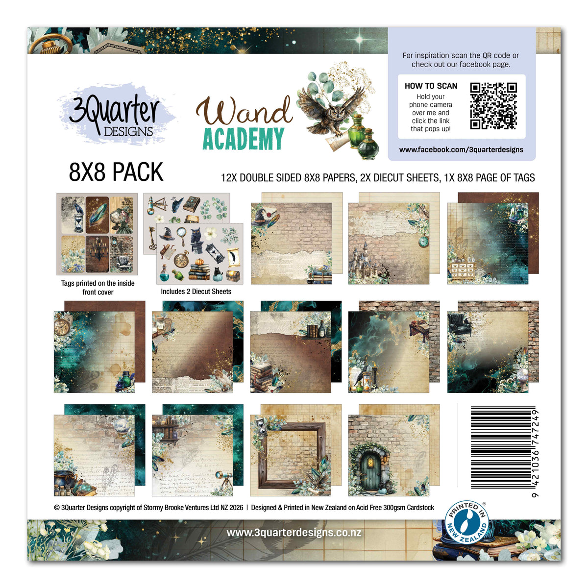 3Quarter Designs Wand Academy 8x8 Paper Pack cover showing the pack contents and paper designs