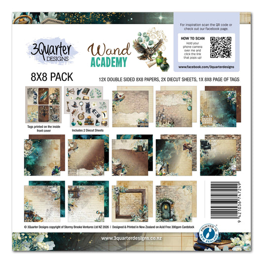 3Quarter Designs Wand Academy 8x8 Paper Pack cover showing the pack contents and paper designs