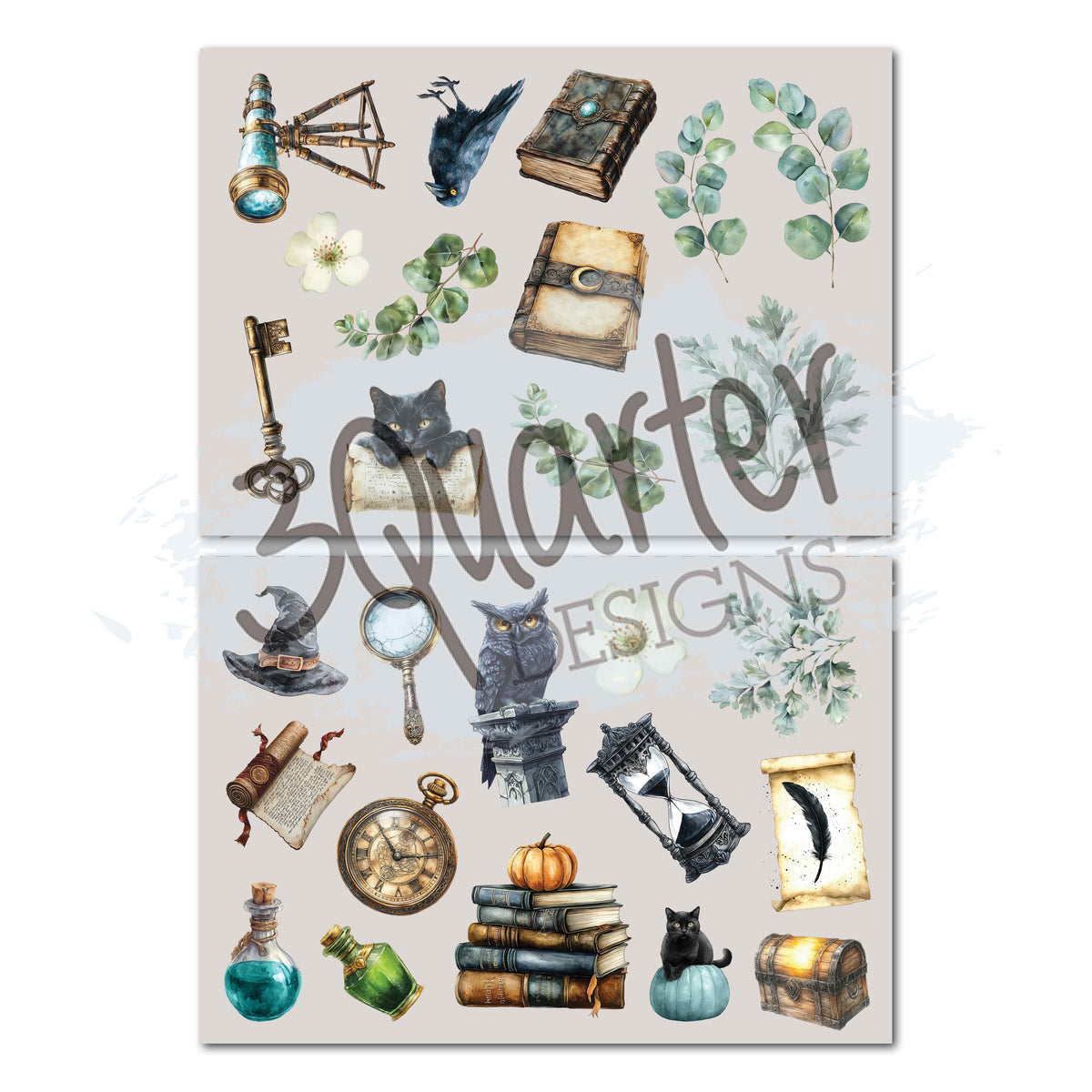 Wand Academy 8x8 Paper Pack die-cut sheets with books, cats, owl, bottles, clock and other illustrated motifs