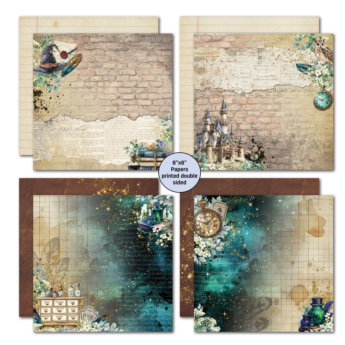 Wand Academy double-sided 8x8 papers with brick walls, castle, lined backgrounds and starry teal designs