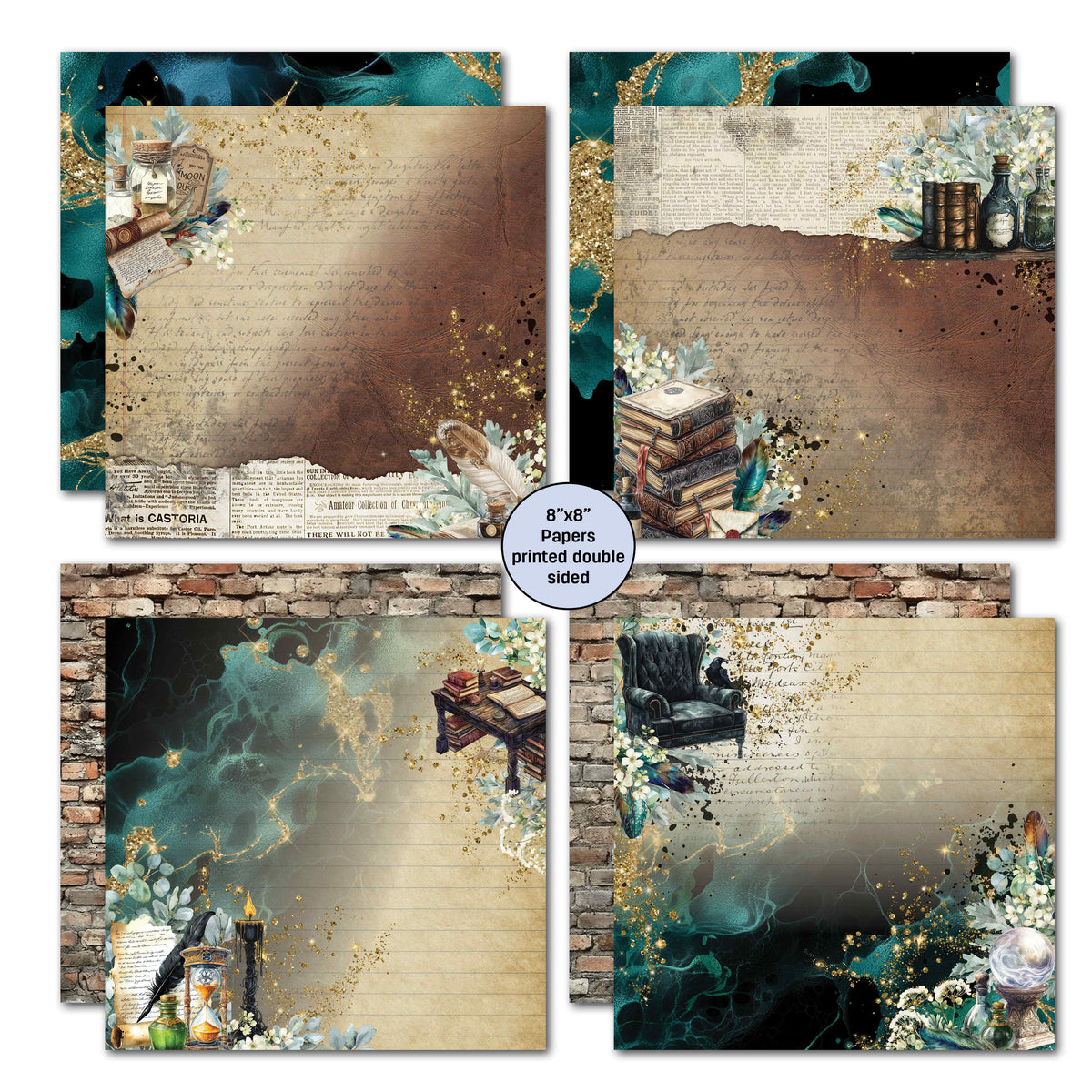Wand Academy double-sided 8x8 papers with aged handwriting, books, potion details and atmospheric backgrounds