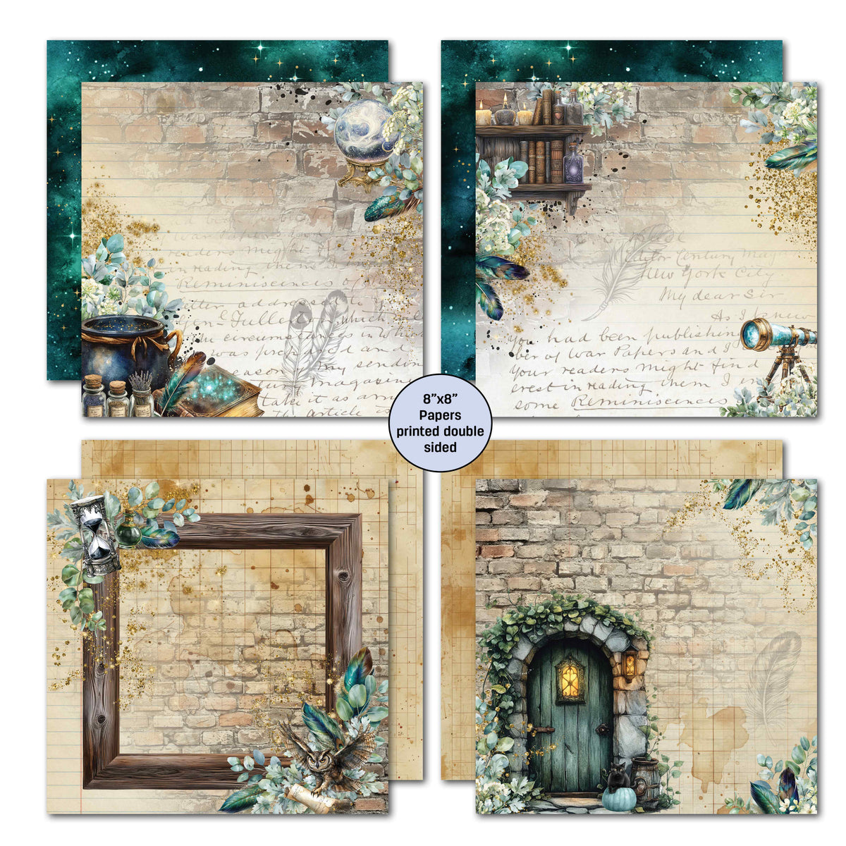 Wand Academy double-sided 8x8 papers with a cauldron, framed scene, secret door and floral details