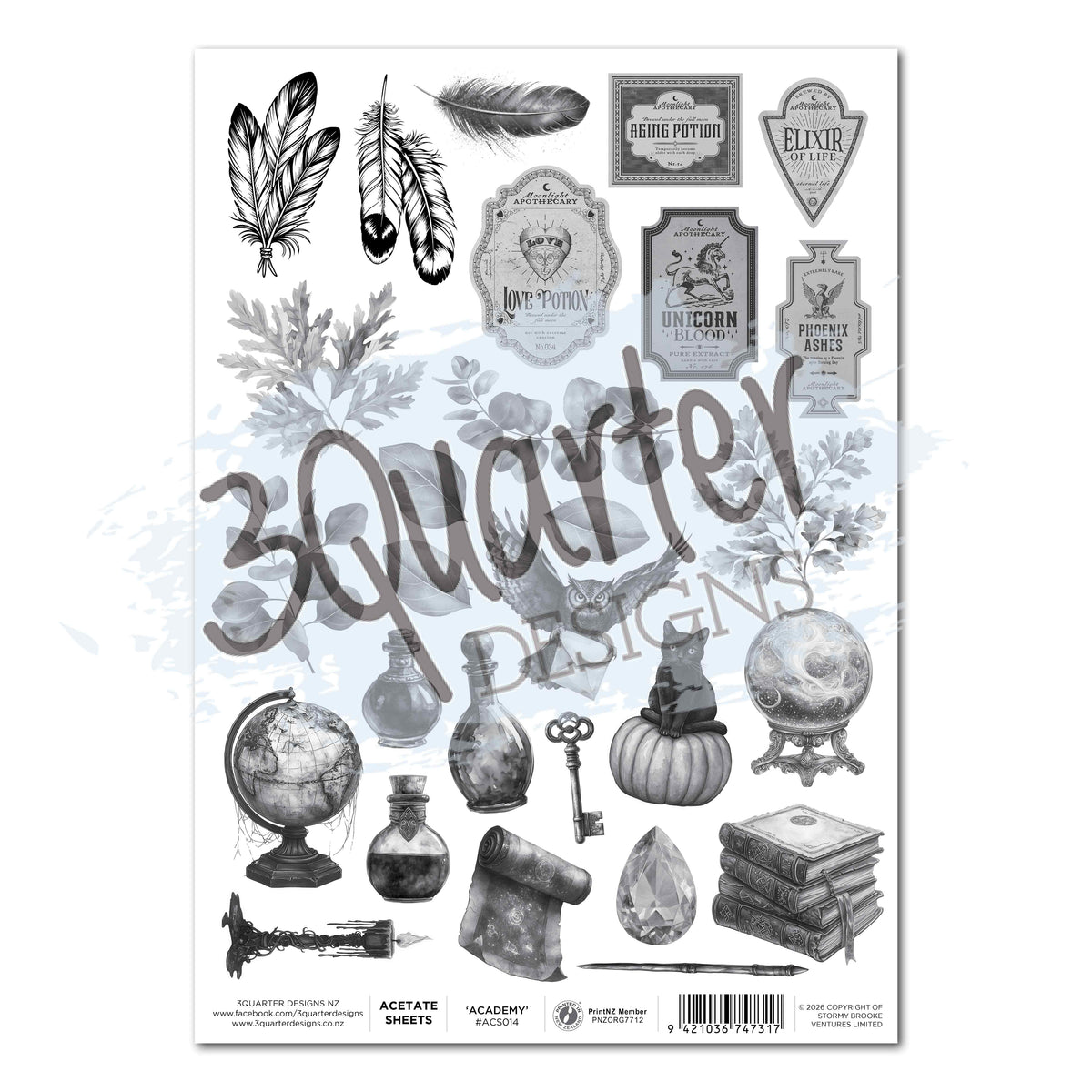 3Quarter Designs Wand Academy A4 acetate sheet with monochrome feathers, potion labels, owl, cat, bottles, crystal ball, key and books