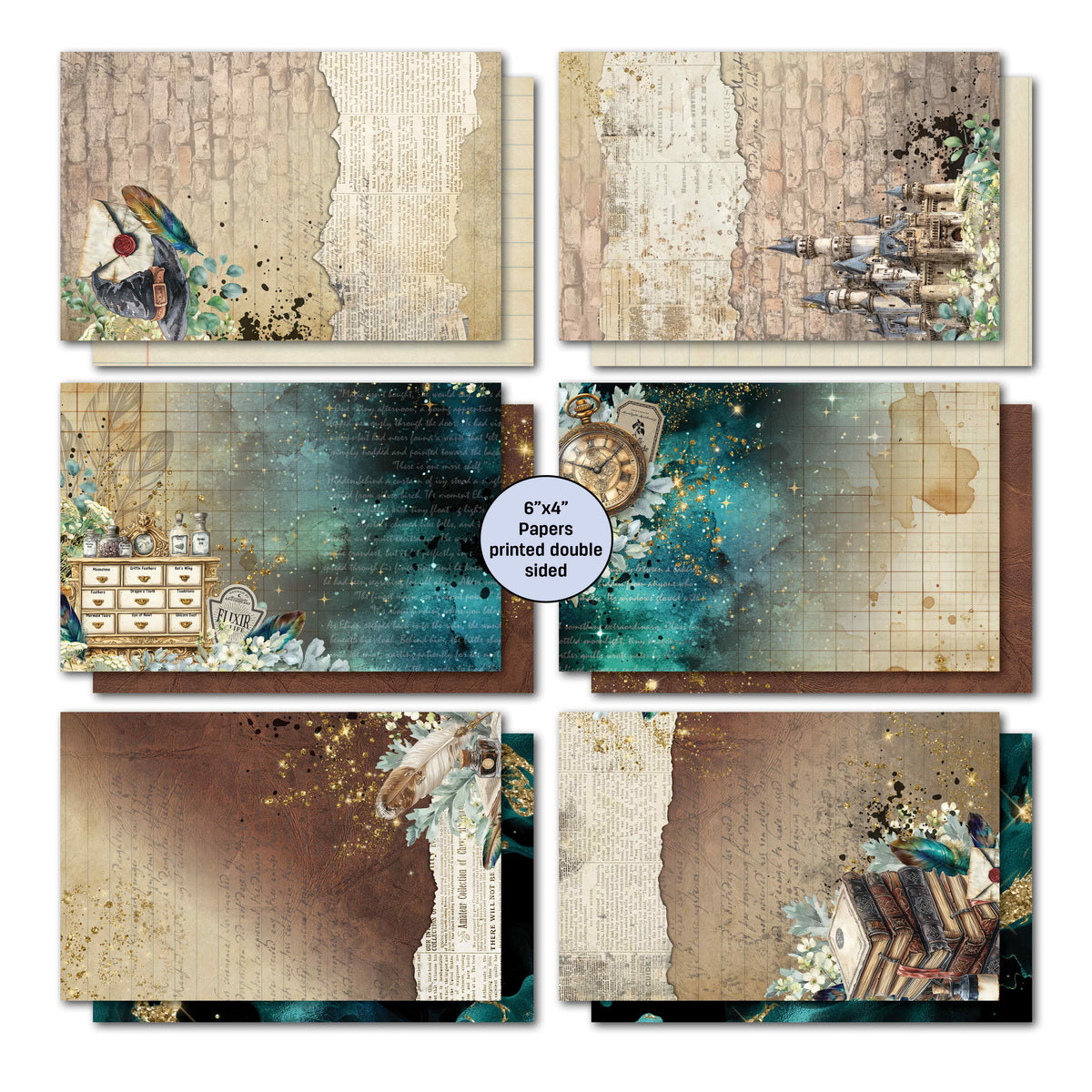 Wand Academy double-sided card papers with brick walls, a castle, teal stars and aged handwriting