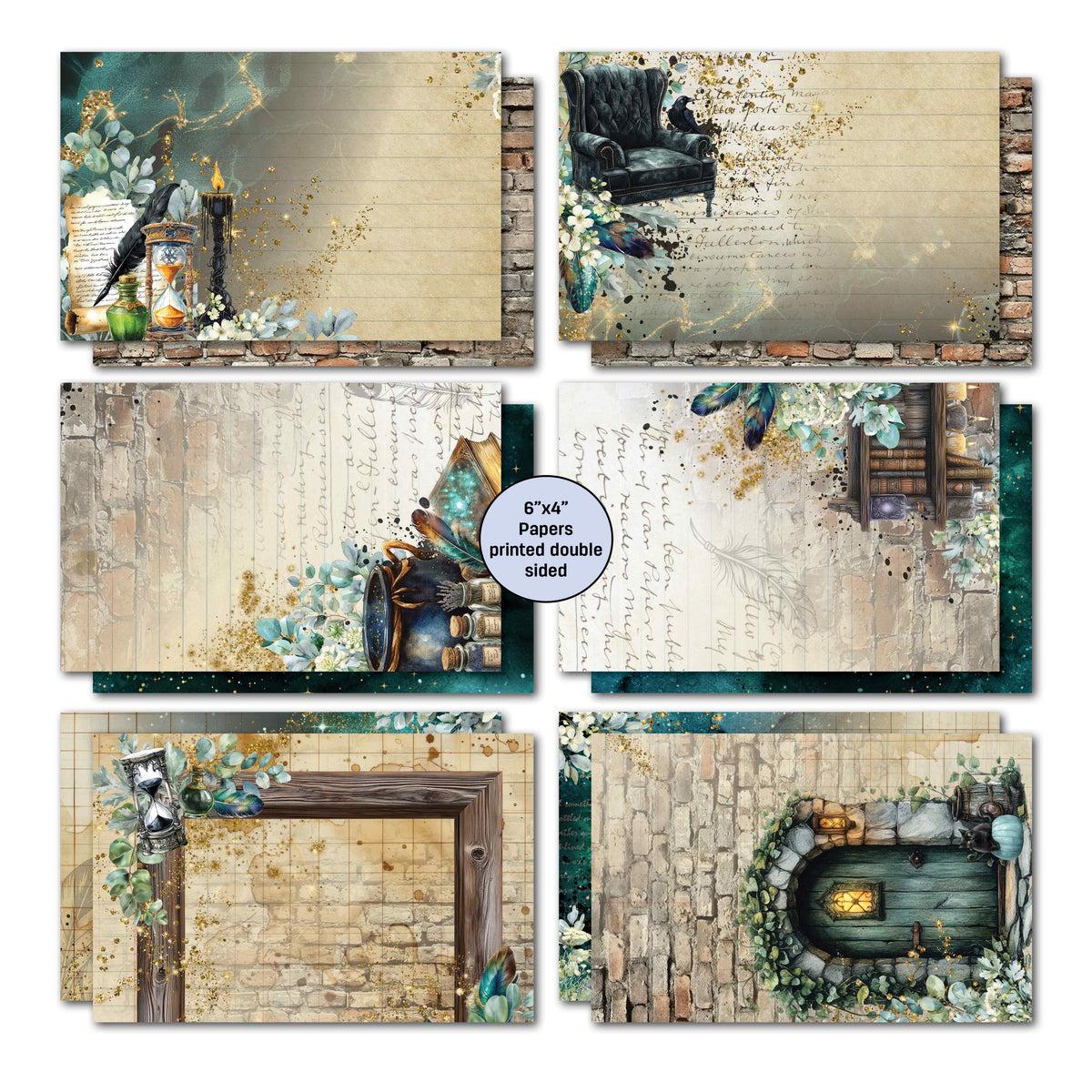 Wand Academy double-sided card papers with an hourglass, armchair, books and a small door