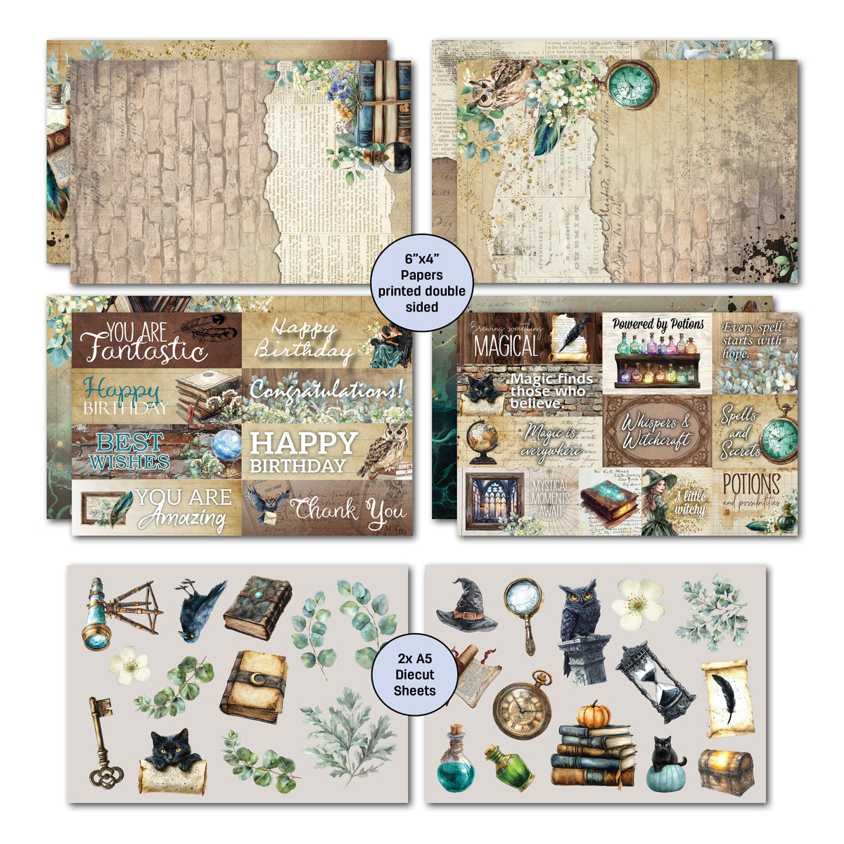 Wand Academy card kit sentiment designs and two A5 die-cut sheets with cats, an owl and potion bottles