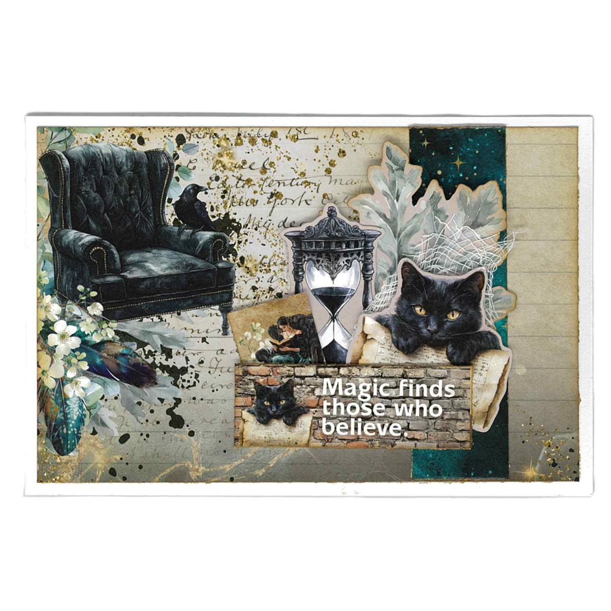 Wand Academy sample card with a black cat, armchair, hourglass and “Magic finds those who believe” message