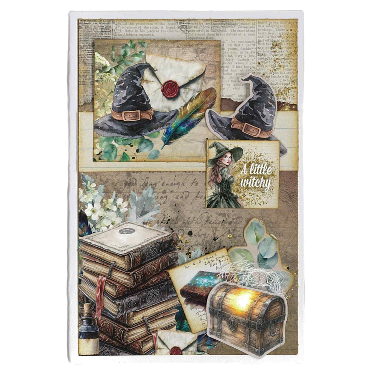 Wand Academy sample card with witch hats, a sealed letter, stacked books and a treasure chest