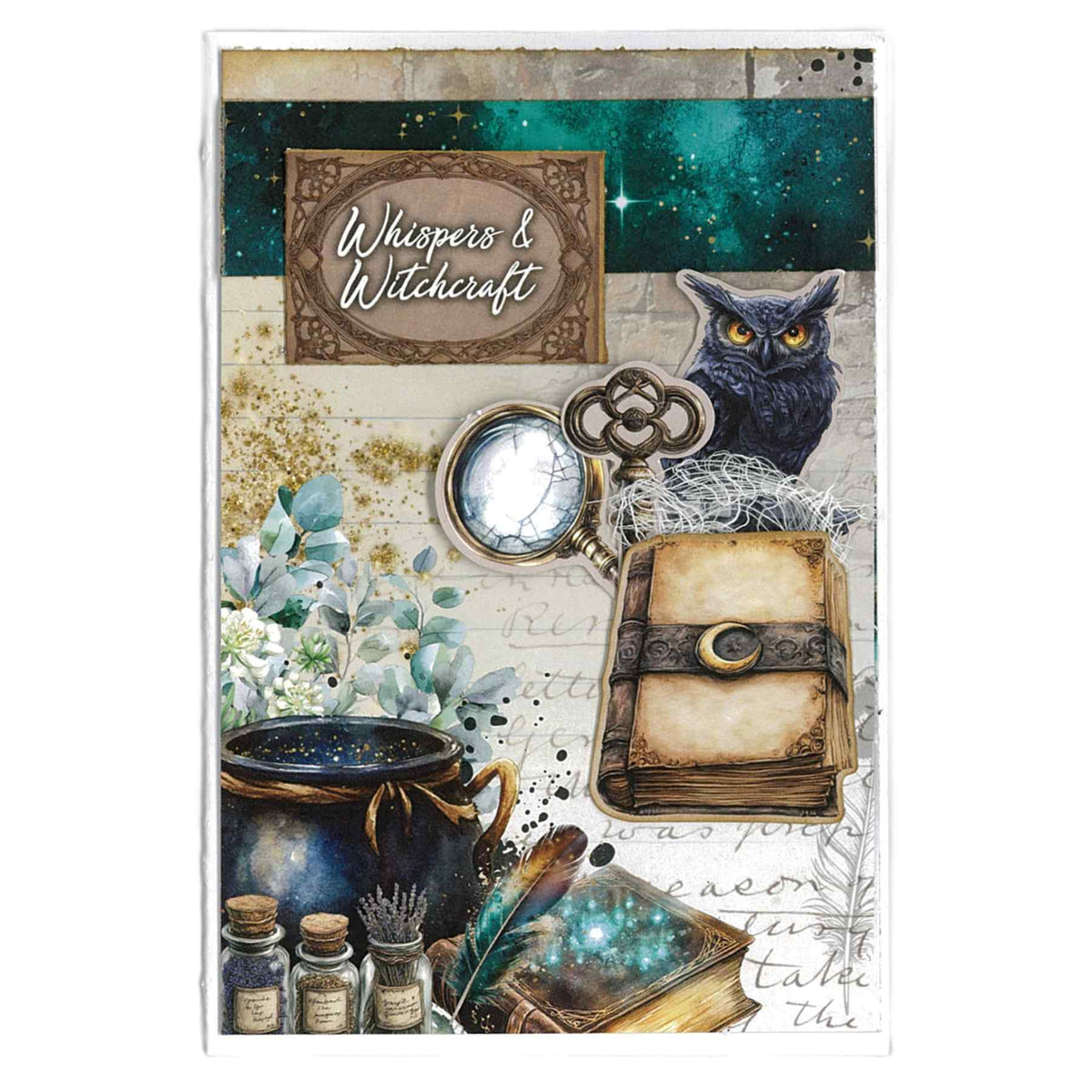 Wand Academy sample card with an owl, cauldron, old book and “Whispers & Witchcraft” message