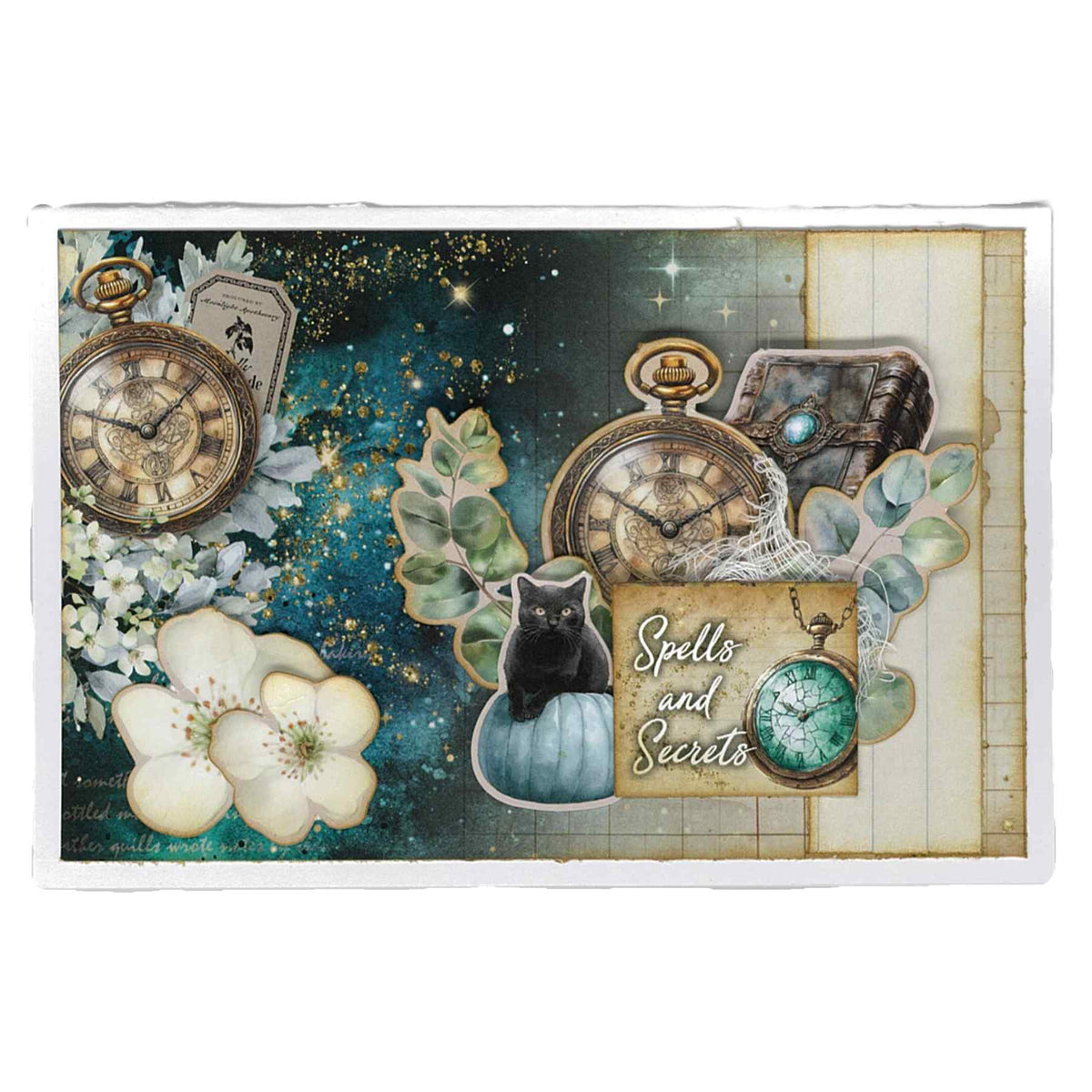 Wand Academy sample card with clocks, flowers, a black cat on a blue pumpkin and “Spells and Secrets” message