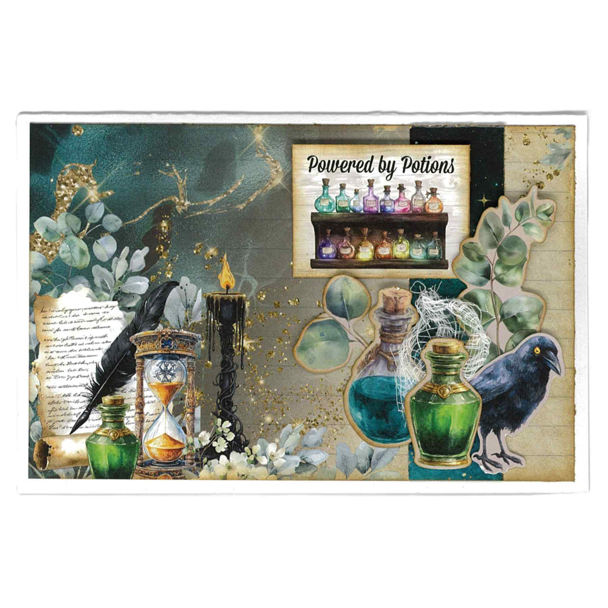Wand Academy sample card with potion bottles, hourglass, candle and raven